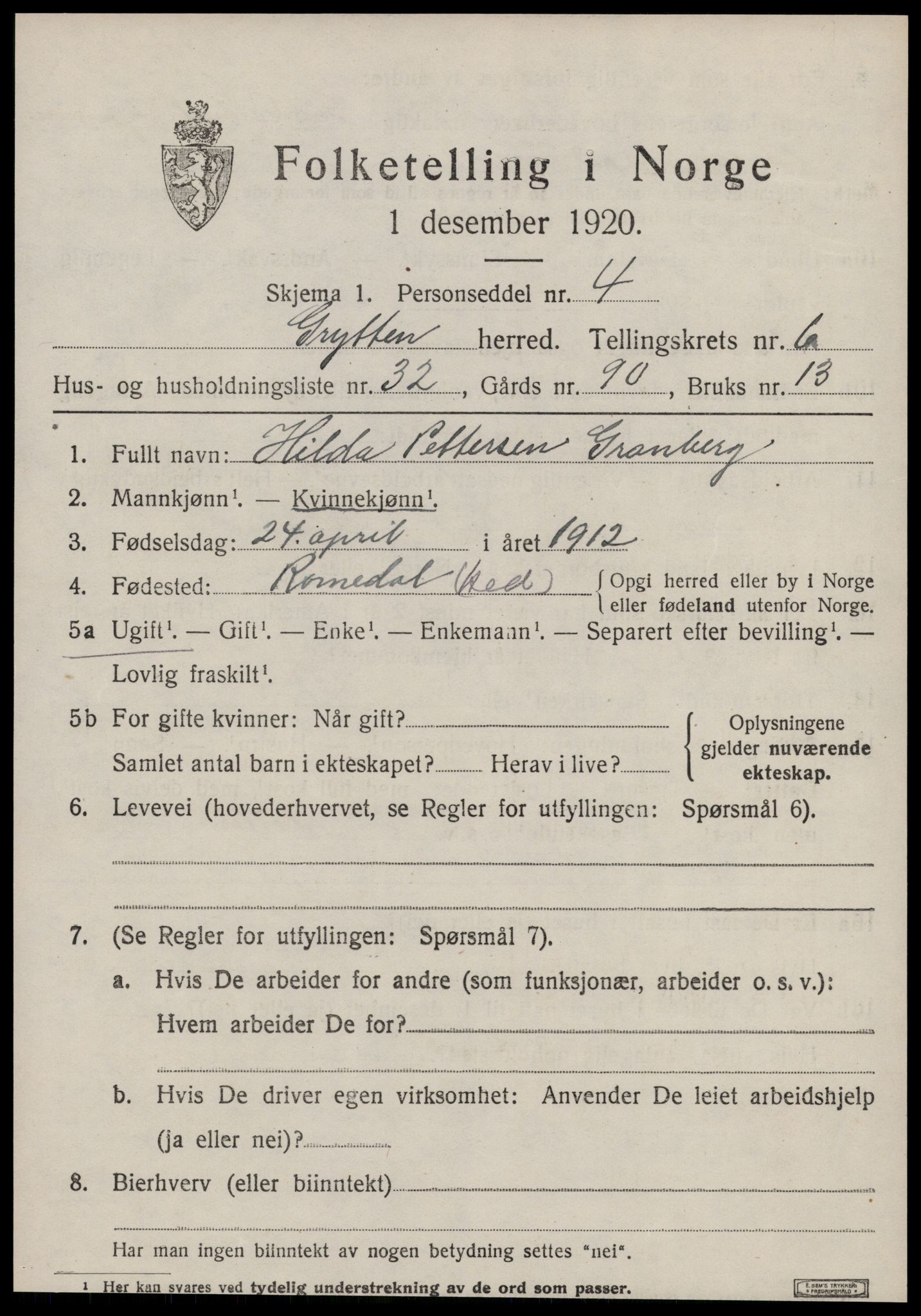 SAT, 1920 census for Grytten, 1920, p. 4520