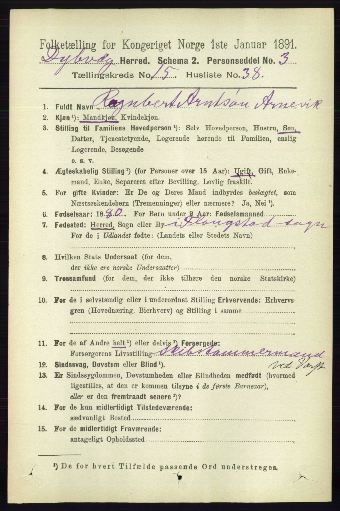 RA, 1891 census for 0915 Dypvåg, 1891, p. 6319