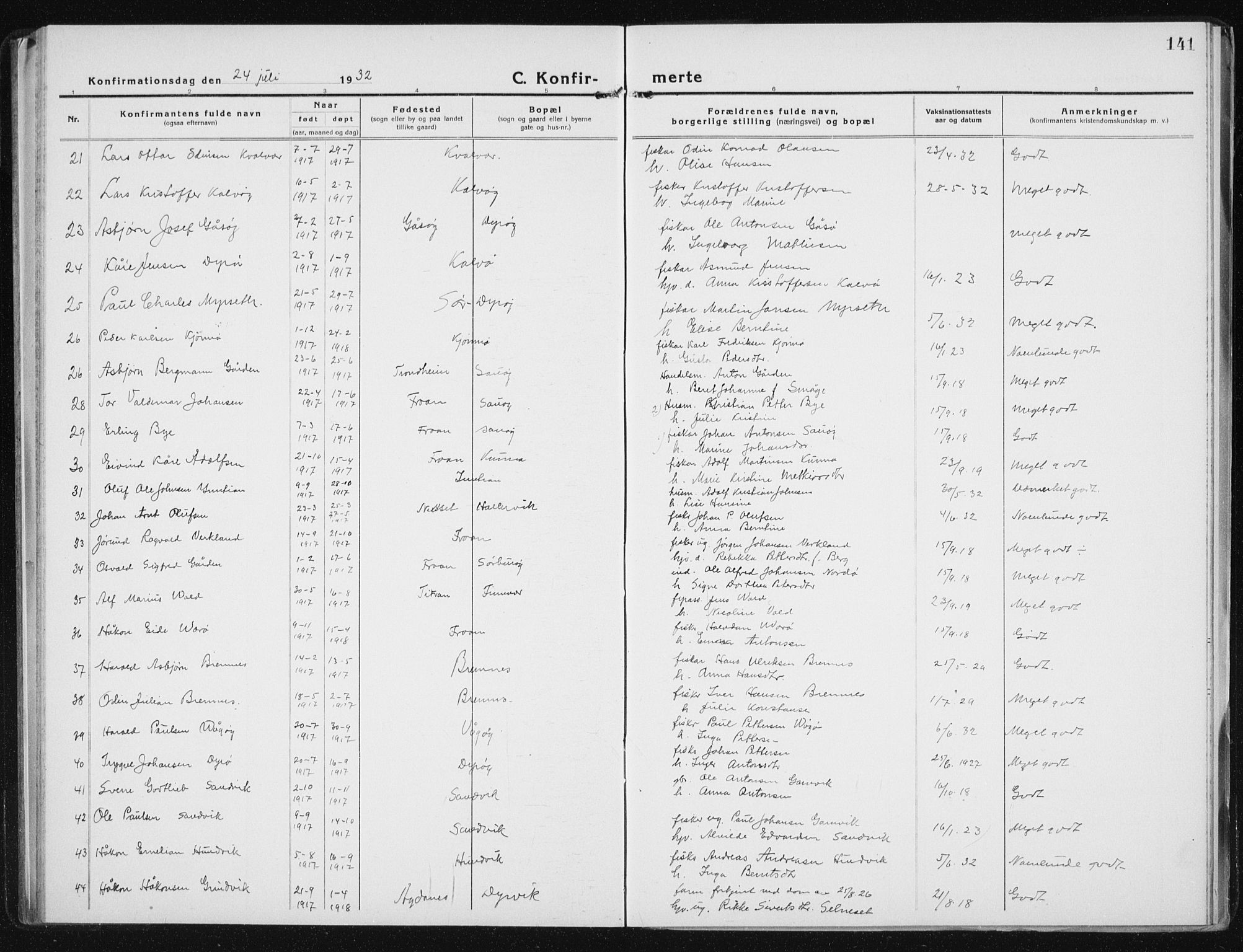 Ministerialprotokoller, klokkerbøker og fødselsregistre - Sør-Trøndelag, SAT/A-1456/640/L0589: Parish register (copy) no. 640C06, 1922-1934, p. 141