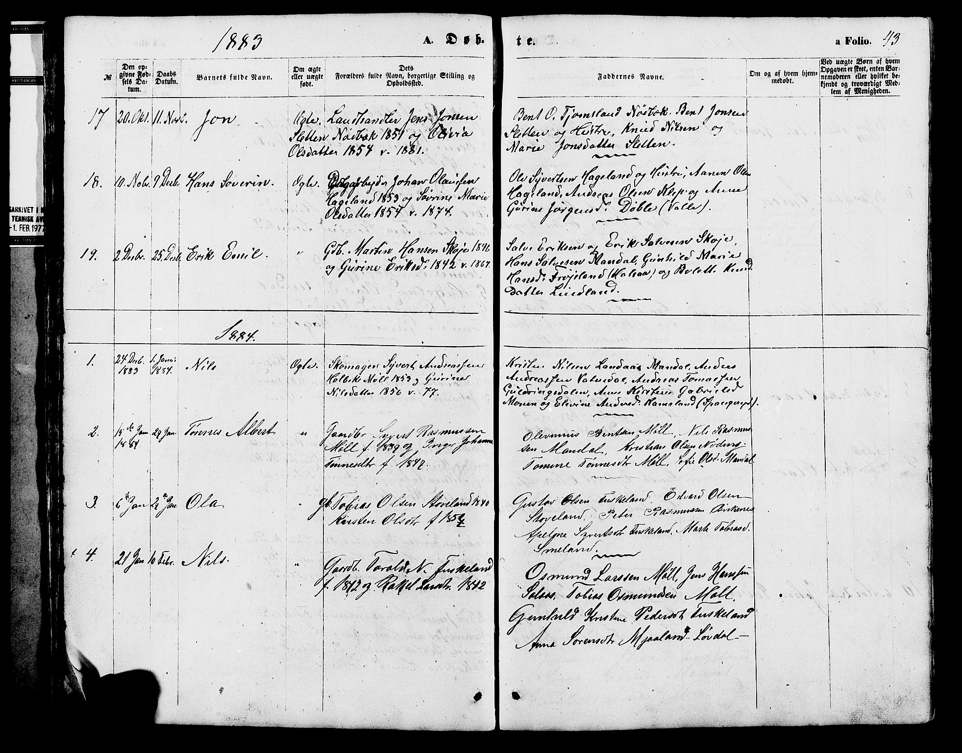 Holum sokneprestkontor, SAK/1111-0022/F/Fb/Fba/L0004: Parish register (copy) no. B 4, 1867-1890, p. 43