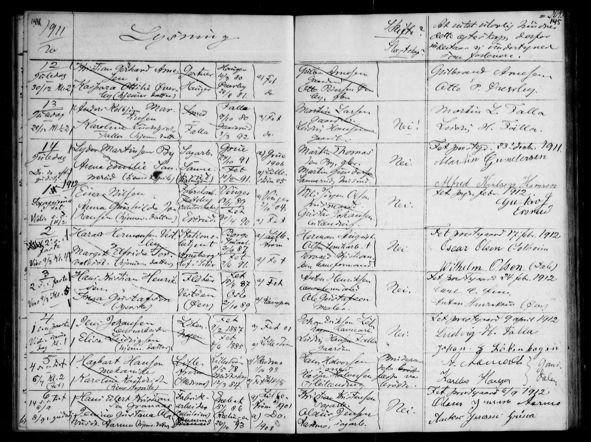 Fet prestekontor Kirkebøker, SAO/A-10370a/H/Ha/L0001: Banns register no. 1, 1906-1919, p. 144-145