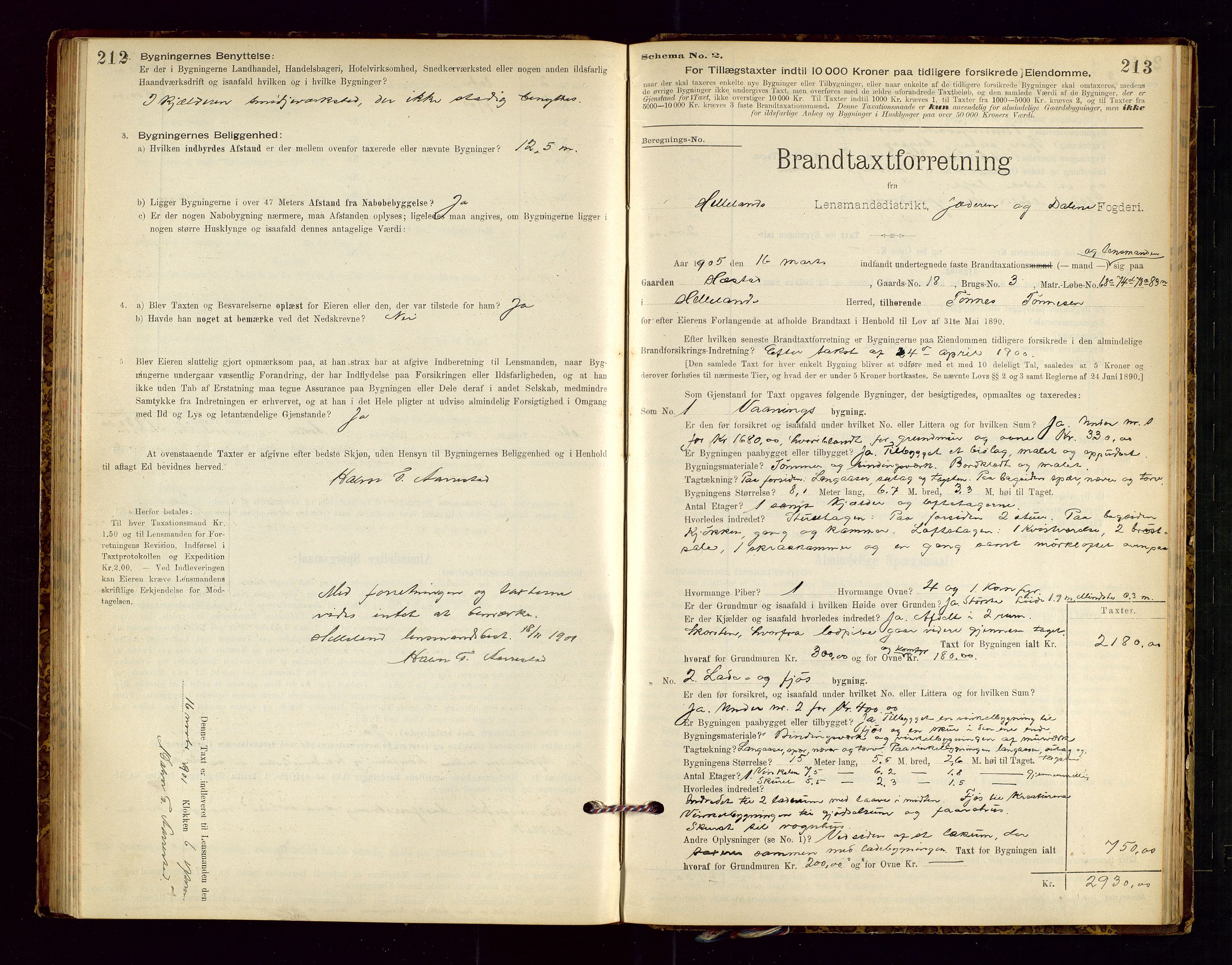 Helleland lensmannskontor, SAST/A-100209/Gob/L0001: "Brandtaxationsprotokol", 1896-1919, p. 212-213
