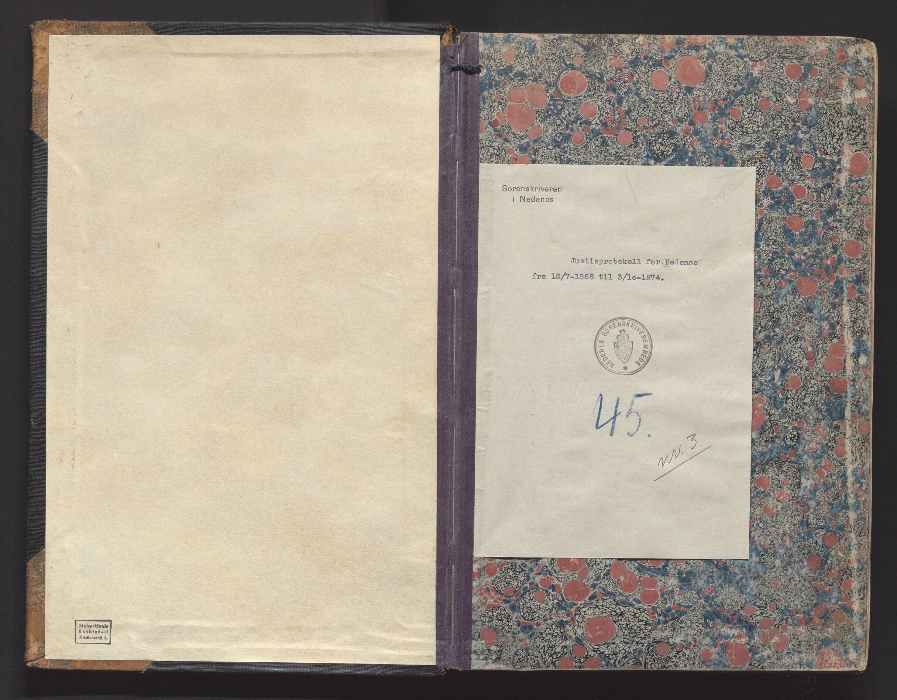 Nedenes sorenskriveri, AV/SAK-1221-0006/F/Fa/L0003: Tingbok nr 3, 1868-1874