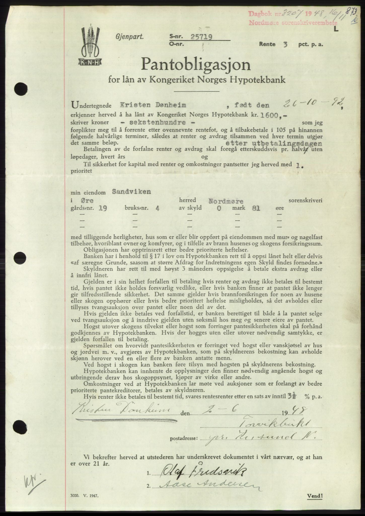 Nordmøre sorenskriveri, AV/SAT-A-4132/1/2/2Ca: Mortgage book no. B100, 1948-1949, Diary no: : 3207/1948