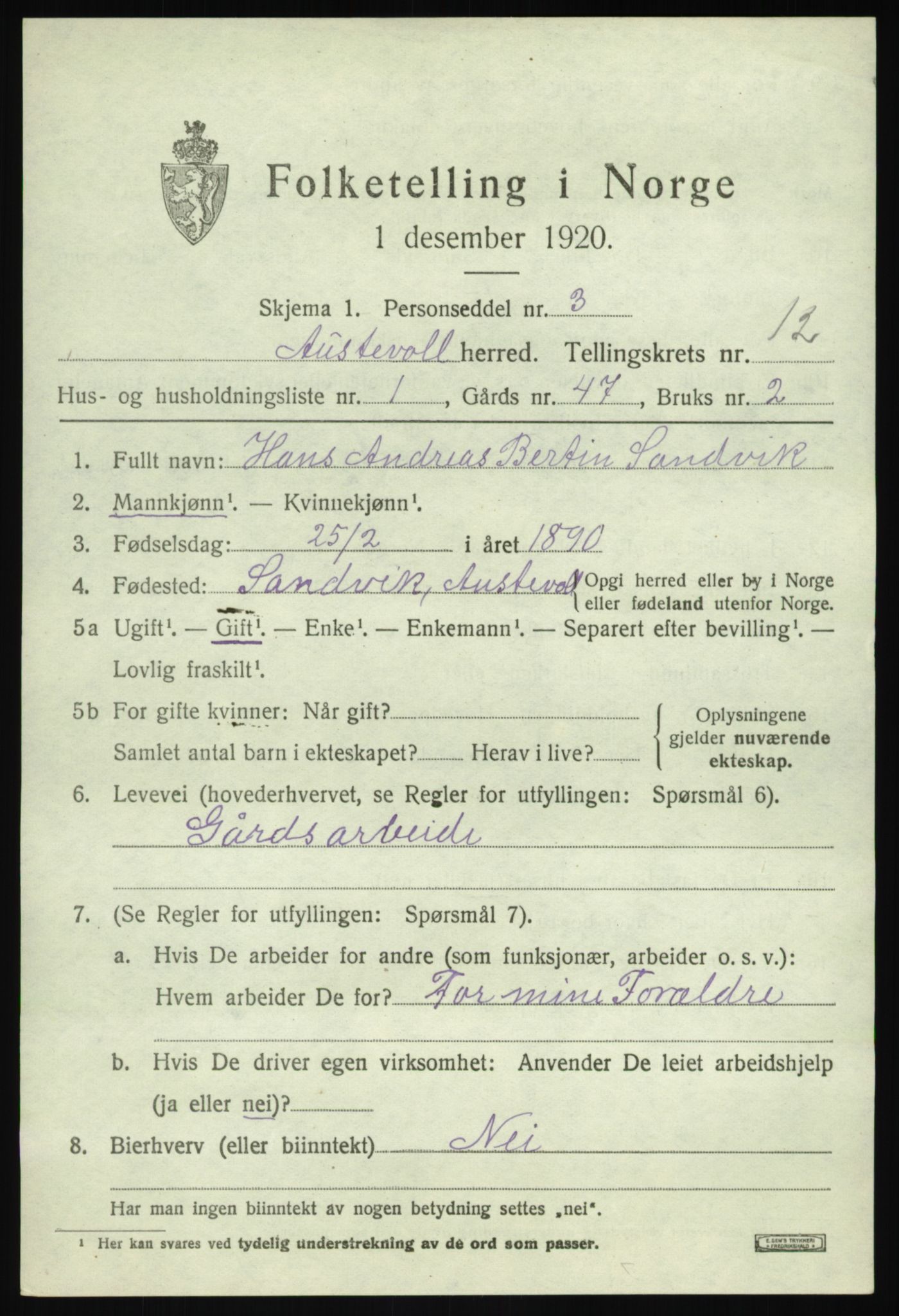 SAB, 1920 census for Austevoll, 1920, p. 6540