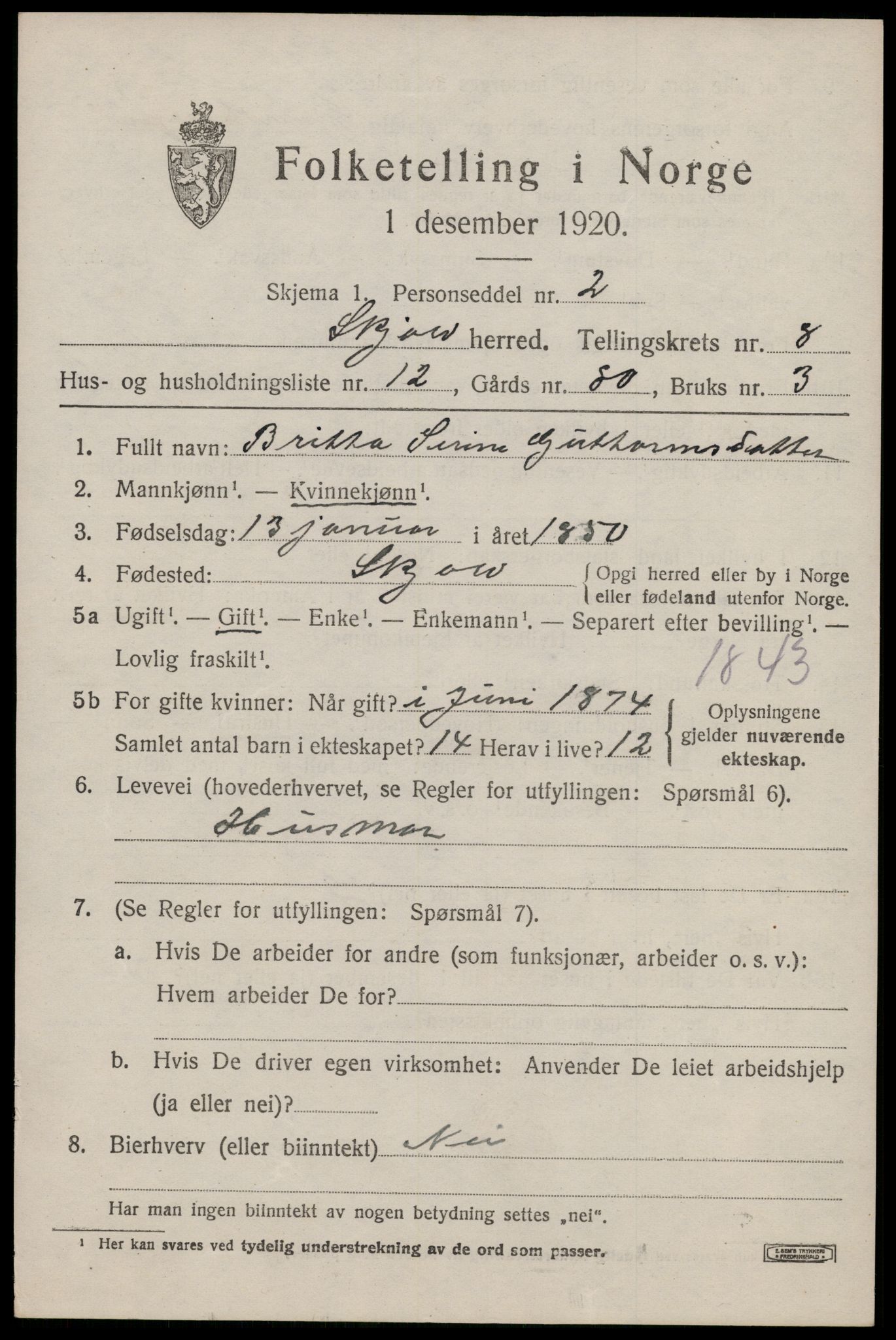 SAST, 1920 census for Skjold, 1920, p. 4306