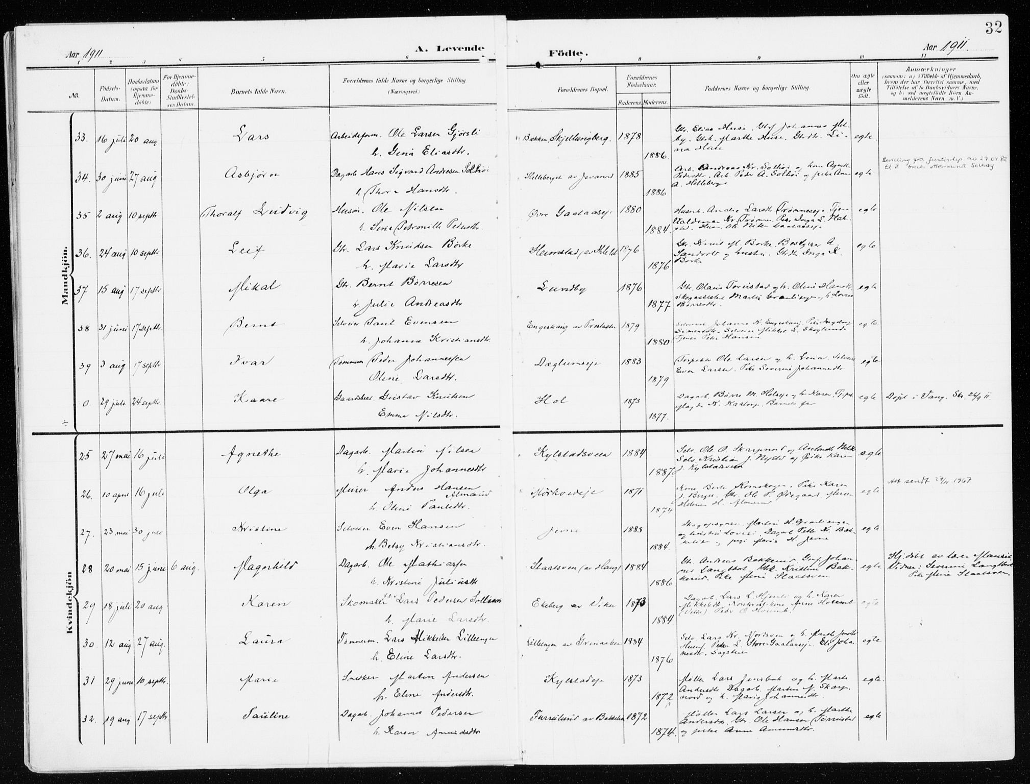 Furnes prestekontor, SAH/PREST-012/K/Ka/L0001: Parish register (official) no. 1, 1907-1935, p. 32