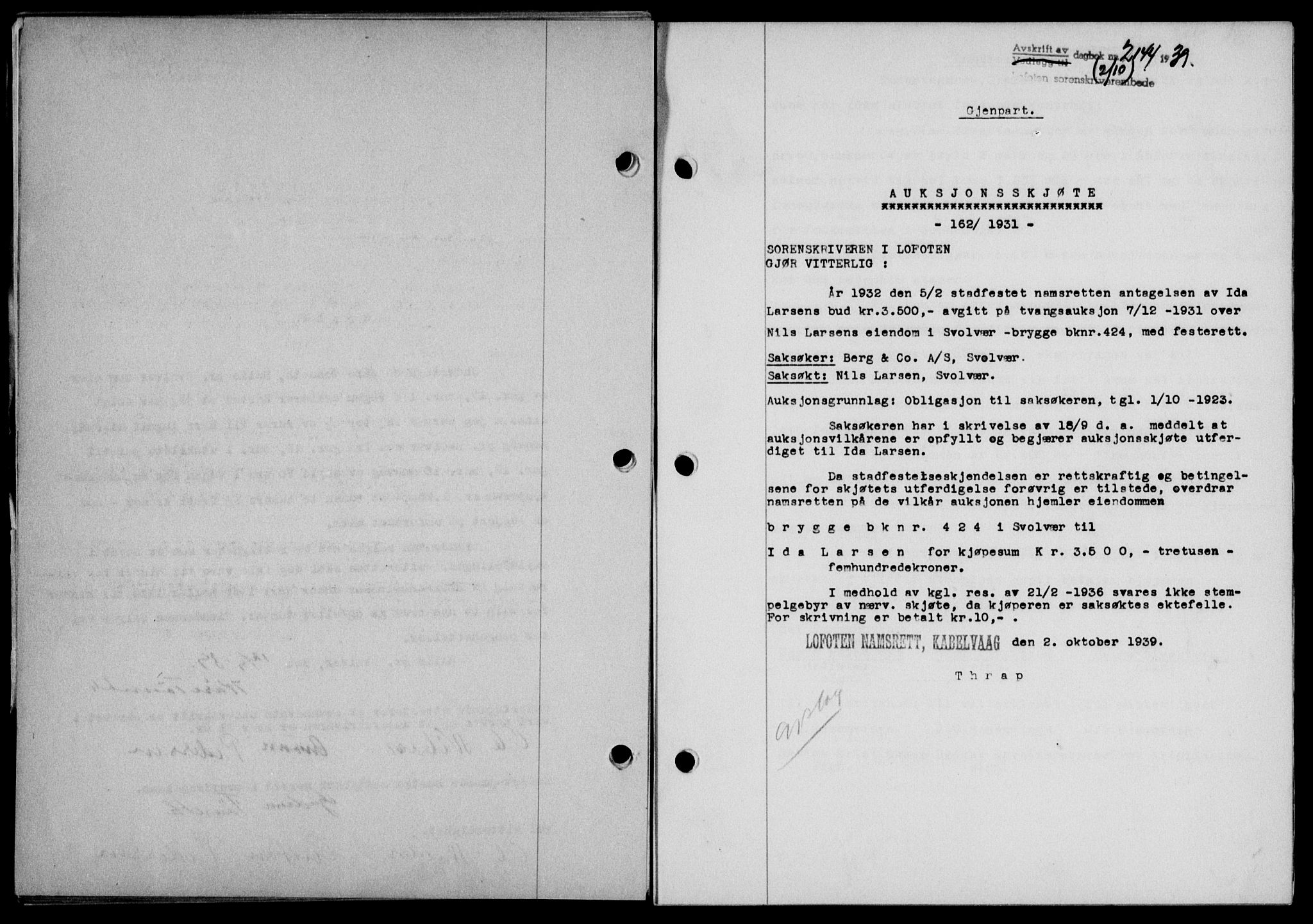 Lofoten sorenskriveri, SAT/A-0017/1/2/2C/L0006a: Mortgage book no. 6a, 1939-1939, Diary no: : 2144/1939