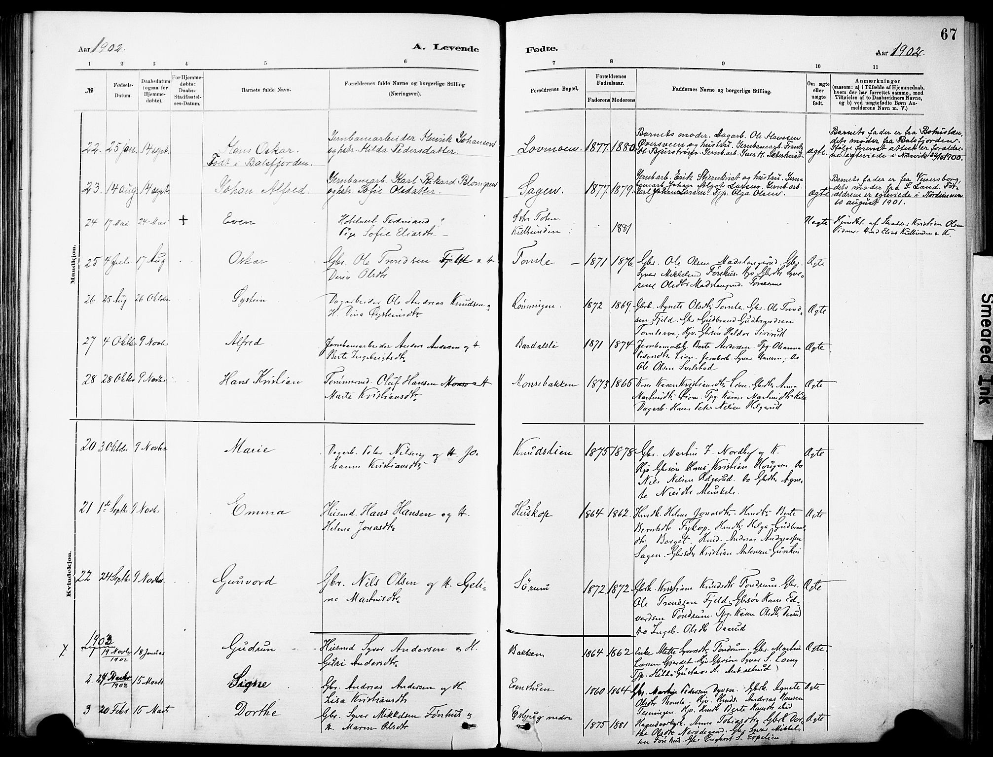 Nordre Land prestekontor, SAH/PREST-124/H/Ha/Haa/L0005: Parish register (official) no. 5, 1882-1903, p. 67