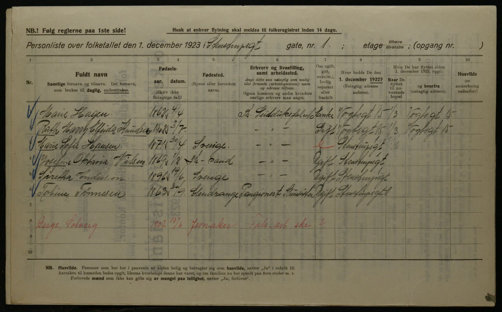 OBA, Municipal Census 1923 for Kristiania, 1923, p. 111415