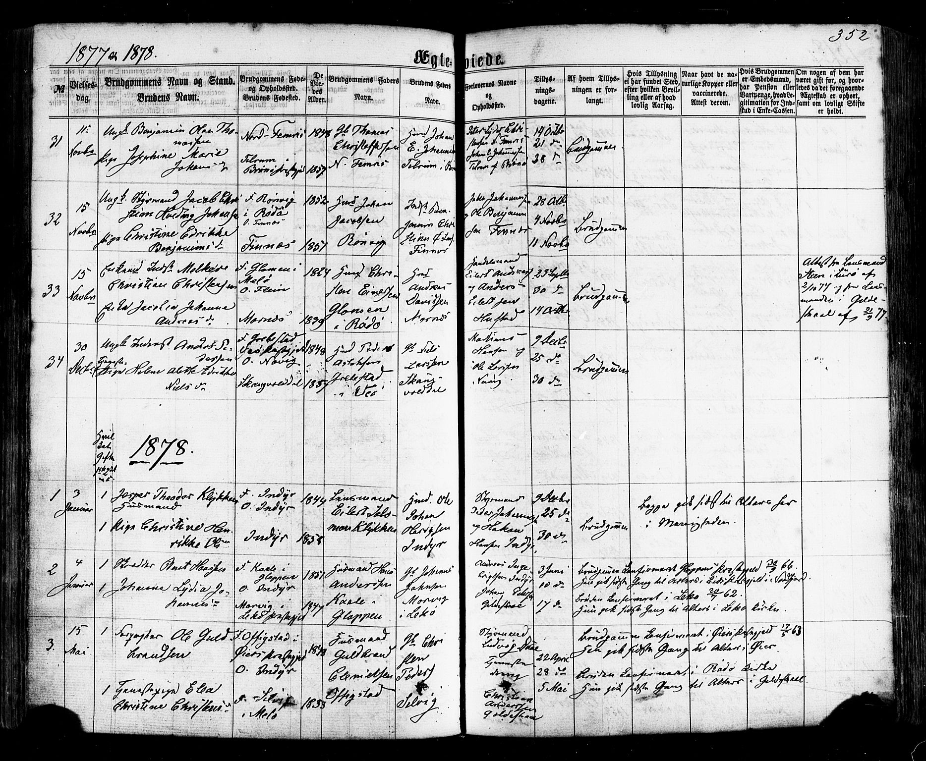 Ministerialprotokoller, klokkerbøker og fødselsregistre - Nordland, SAT/A-1459/805/L0098: Parish register (official) no. 805A05, 1862-1879, p. 352
