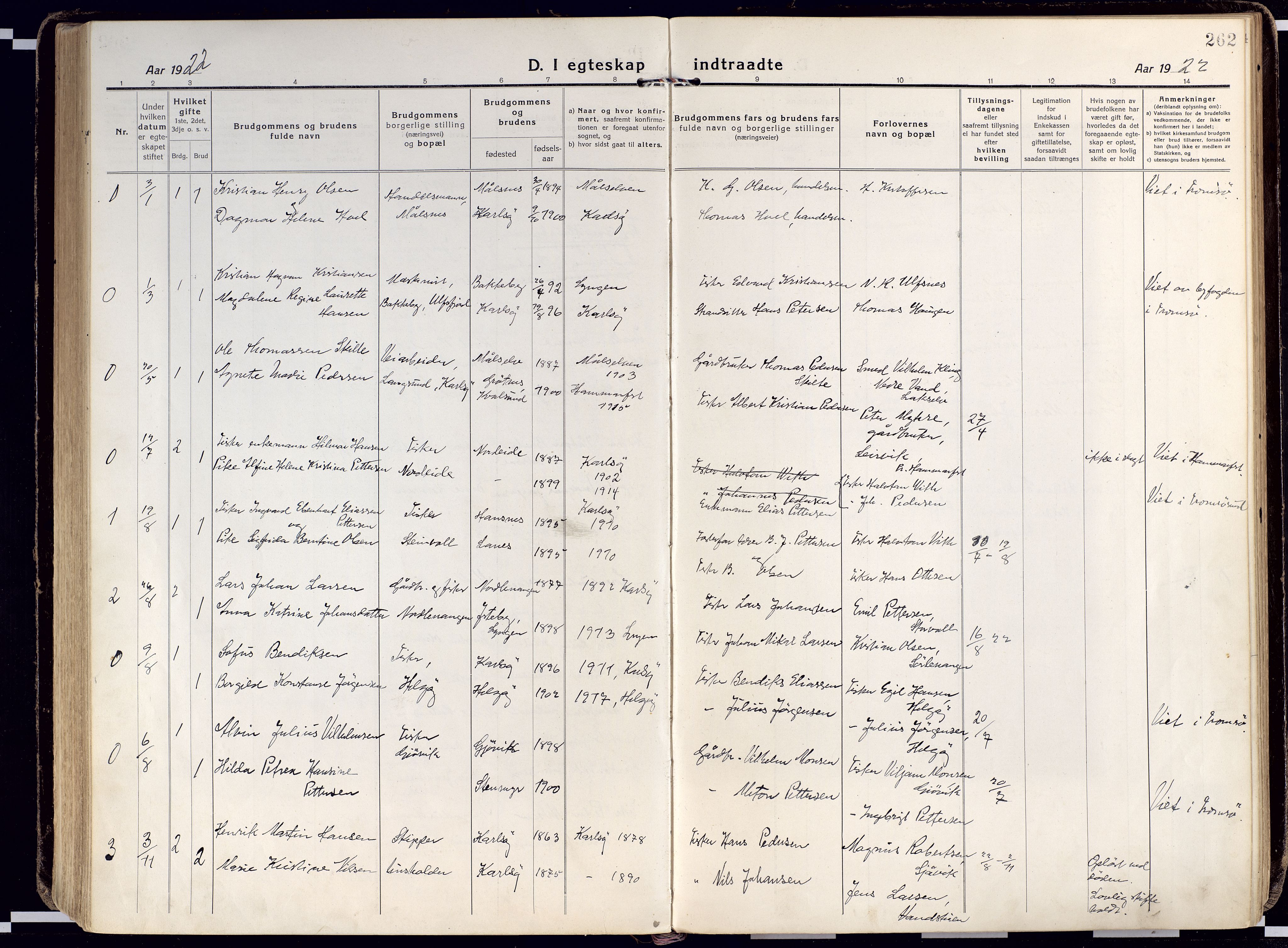 Karlsøy sokneprestembete, AV/SATØ-S-1299/H/Ha/Haa/L0015kirke: Parish register (official) no. 15, 1918-1929, p. 262