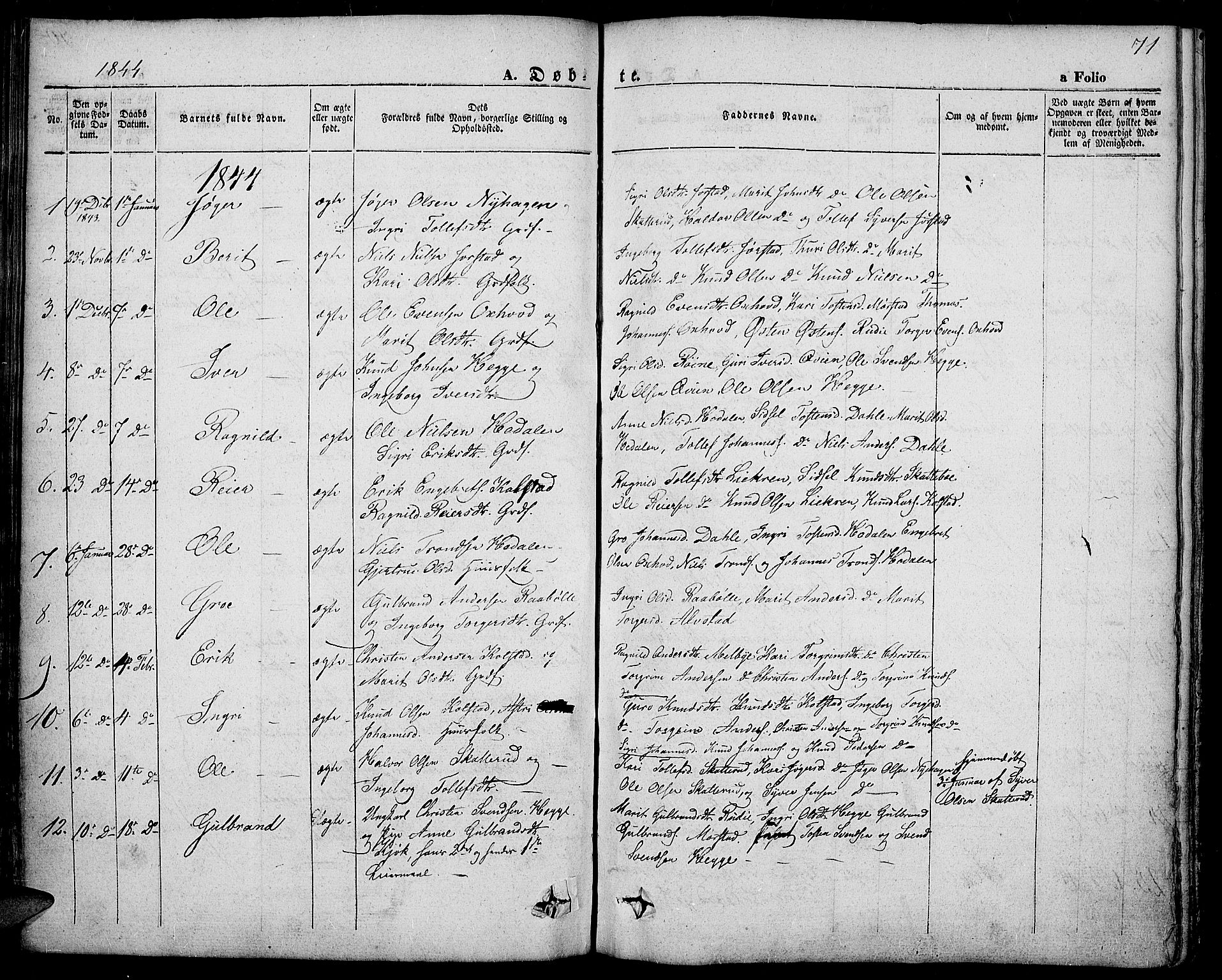 Slidre prestekontor, SAH/PREST-134/H/Ha/Haa/L0004: Parish register (official) no. 4, 1831-1848, p. 71