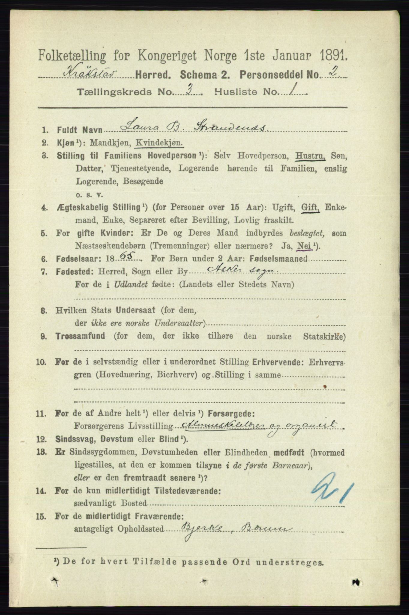 RA, 1891 census for 0212 Kråkstad, 1891, p. 1196