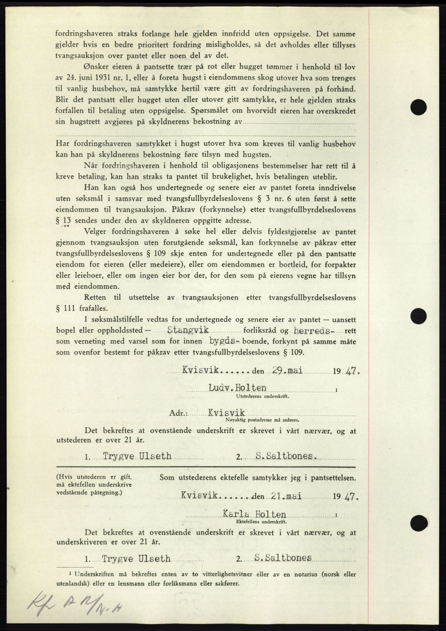 Nordmøre sorenskriveri, AV/SAT-A-4132/1/2/2Ca: Mortgage book no. B96, 1947-1947, Diary no: : 1241/1947