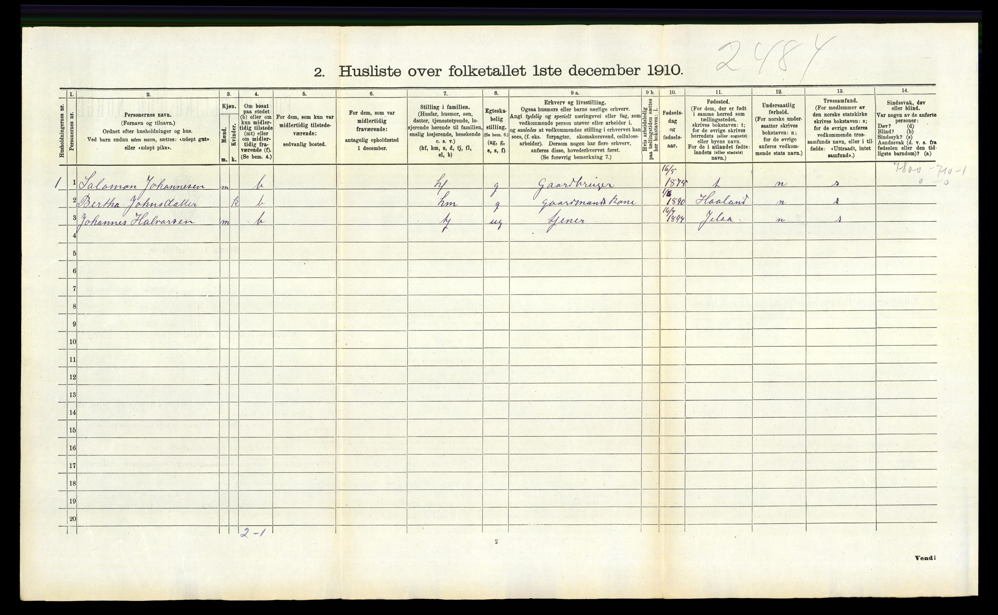 RA, 1910 census for Klepp, 1910, p. 872