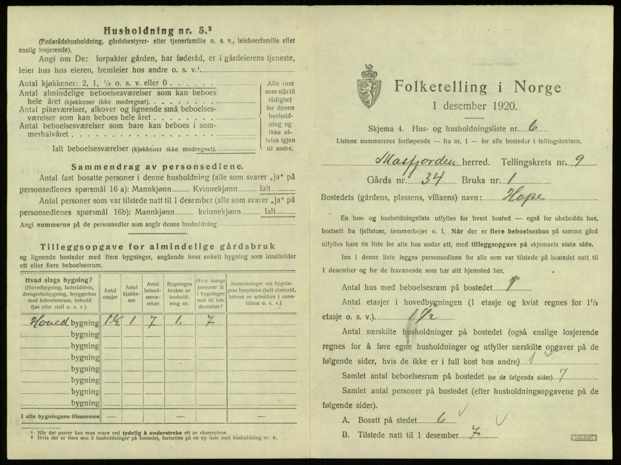 SAB, 1920 census for Masfjorden, 1920, p. 436