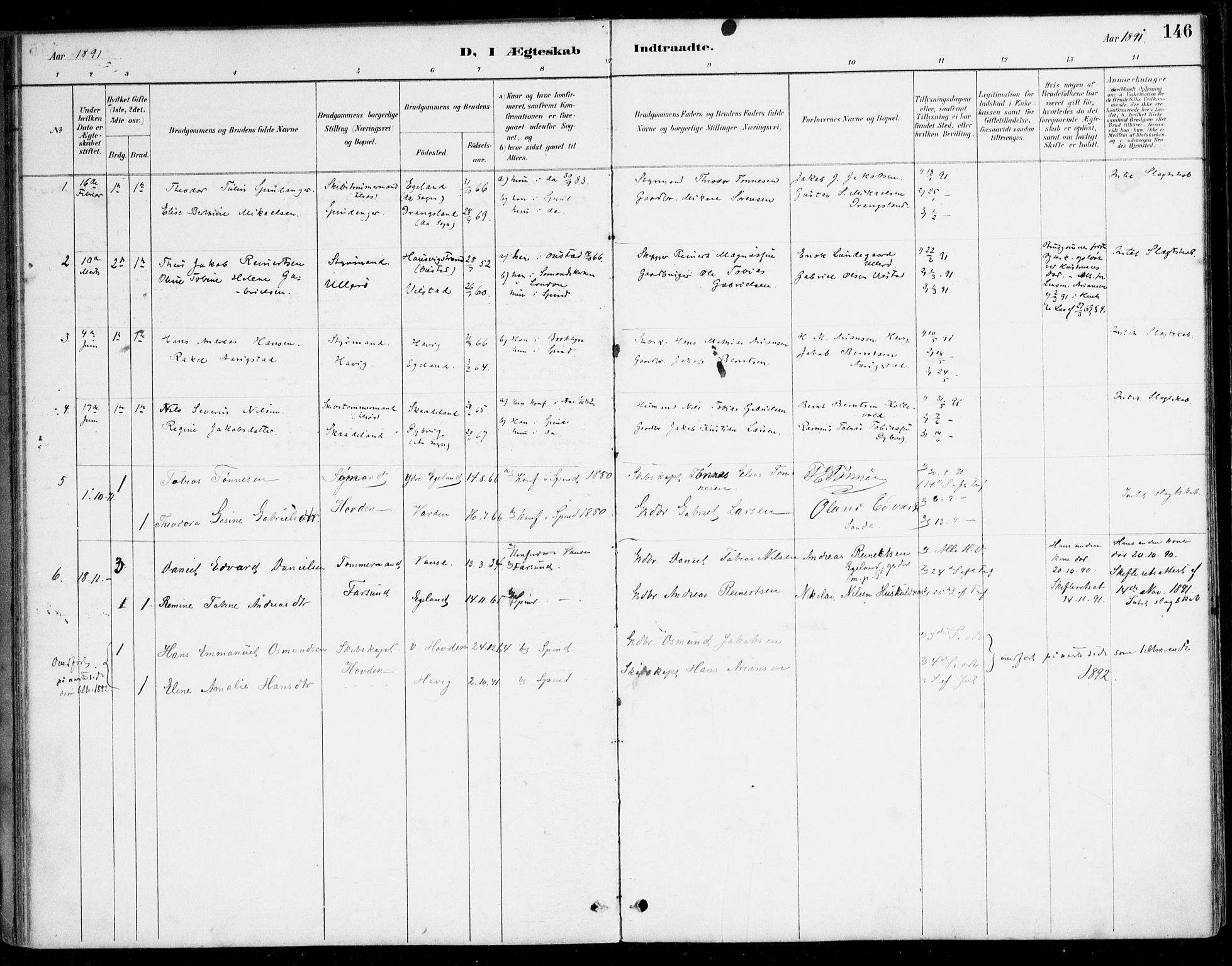 Herad sokneprestkontor, AV/SAK-1111-0018/F/Fa/Fab/L0005: Parish register (official) no. A 5, 1886-1913, p. 146