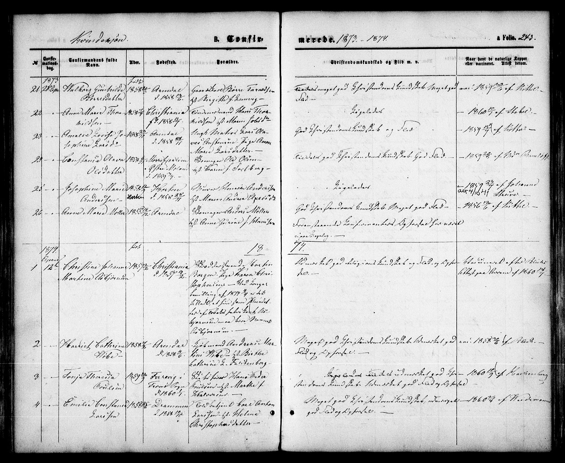 Arendal sokneprestkontor, Trefoldighet, SAK/1111-0040/F/Fa/L0007: Parish register (official) no. A 7, 1868-1878, p. 243