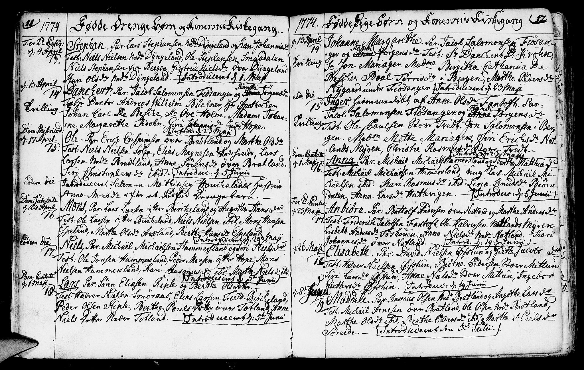 Fana Sokneprestembete, AV/SAB-A-75101/H/Haa/Haaa/L0005: Parish register (official) no. A 5, 1773-1799, p. 11-12