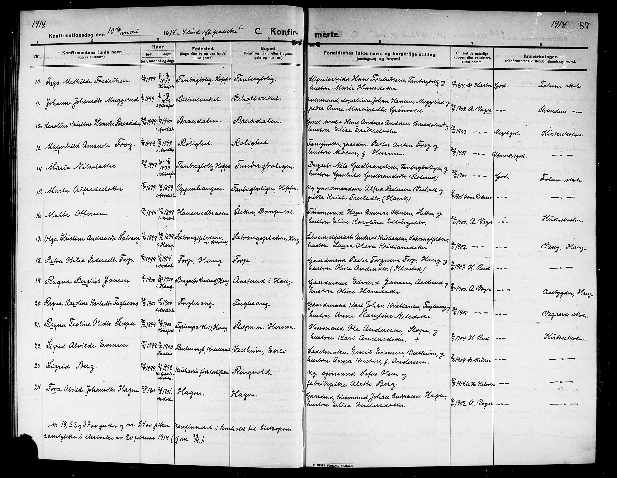 Norderhov kirkebøker, AV/SAKO-A-237/G/Ga/L0009: Parish register (copy) no. I 9, 1913-1920, p. 87