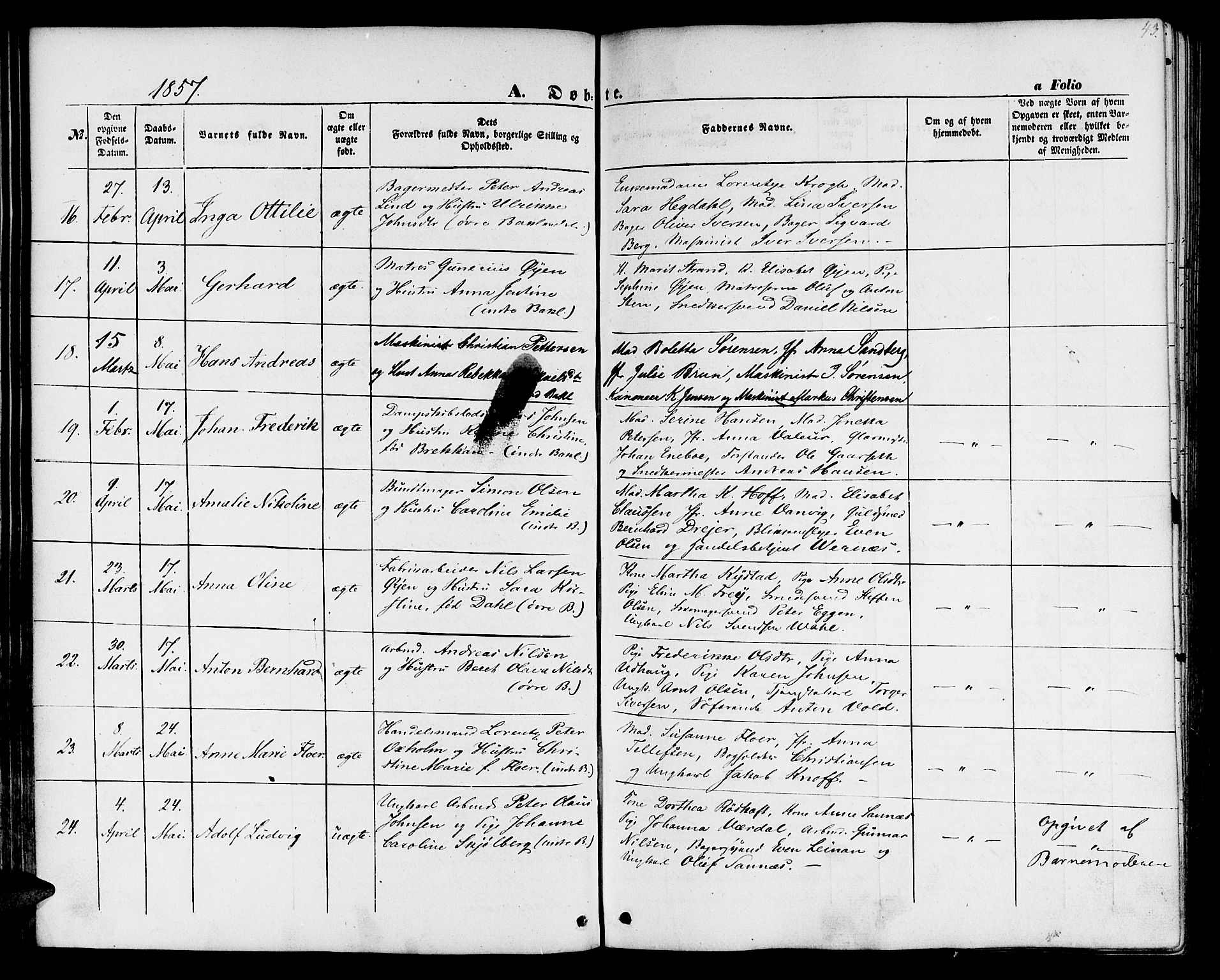 Ministerialprotokoller, klokkerbøker og fødselsregistre - Sør-Trøndelag, AV/SAT-A-1456/604/L0184: Parish register (official) no. 604A05, 1851-1860, p. 43
