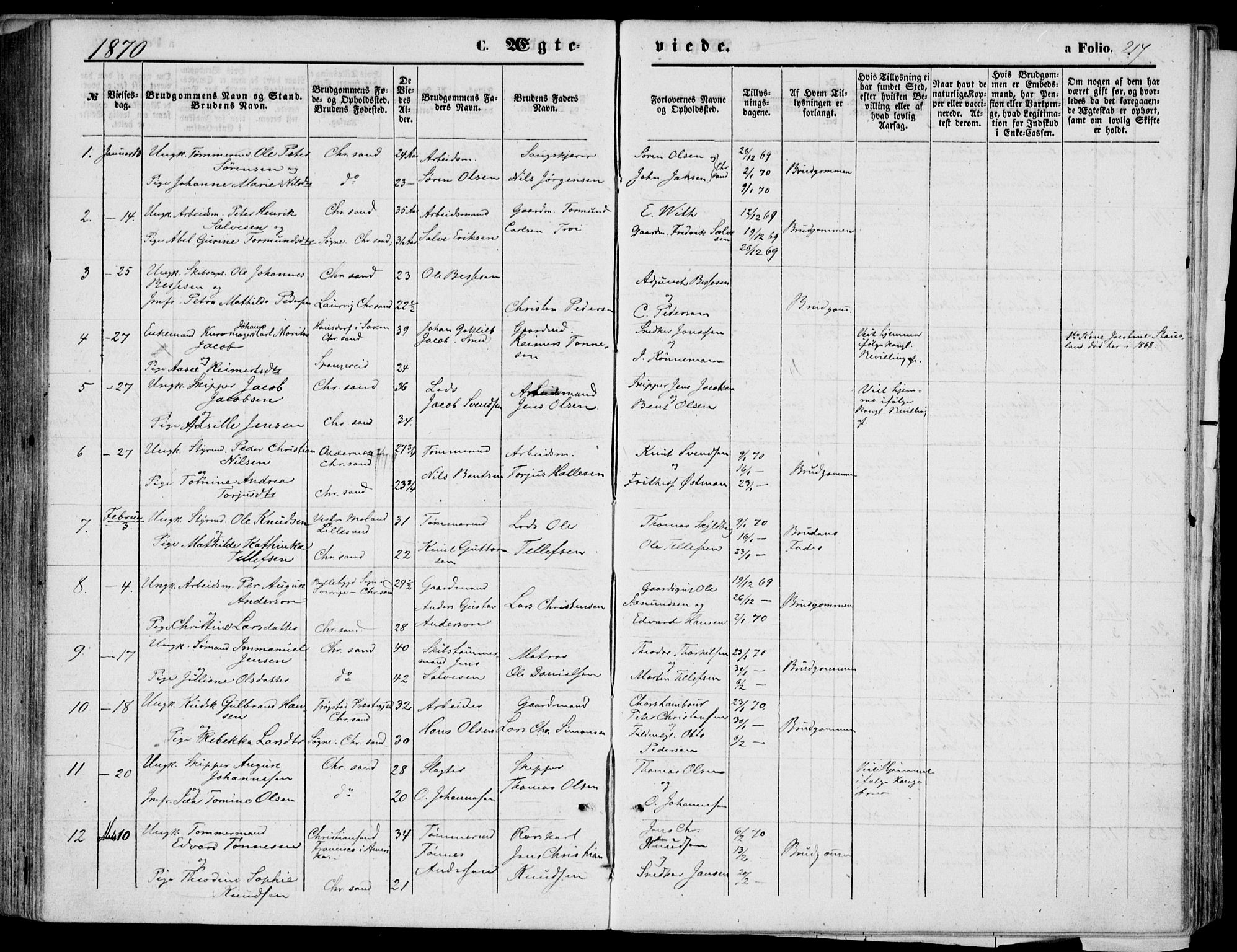 Kristiansand domprosti, AV/SAK-1112-0006/F/Fb/L0012: Parish register (copy) no. B 12, 1861-1870, p. 217