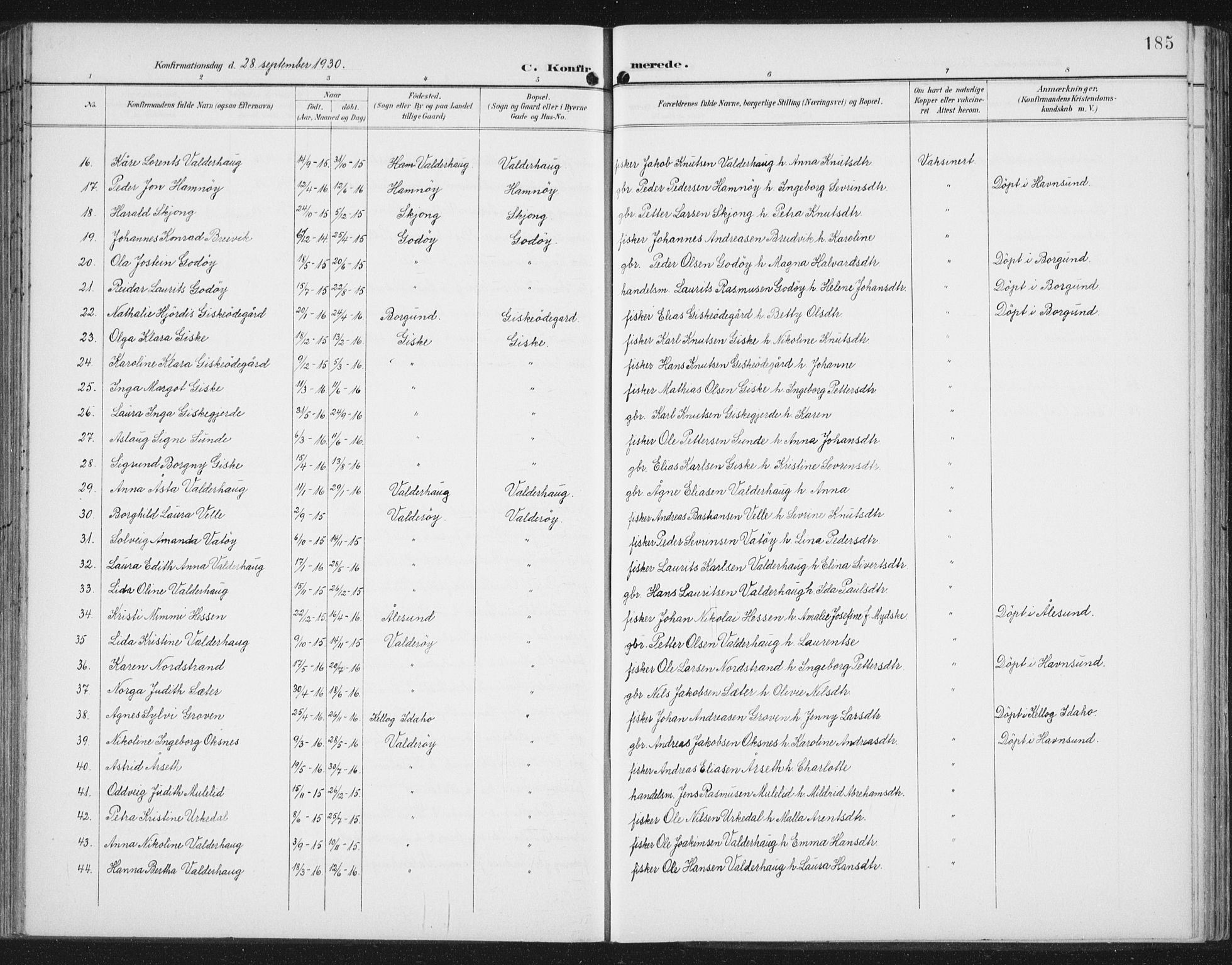 Ministerialprotokoller, klokkerbøker og fødselsregistre - Møre og Romsdal, AV/SAT-A-1454/534/L0489: Parish register (copy) no. 534C01, 1899-1941, p. 185