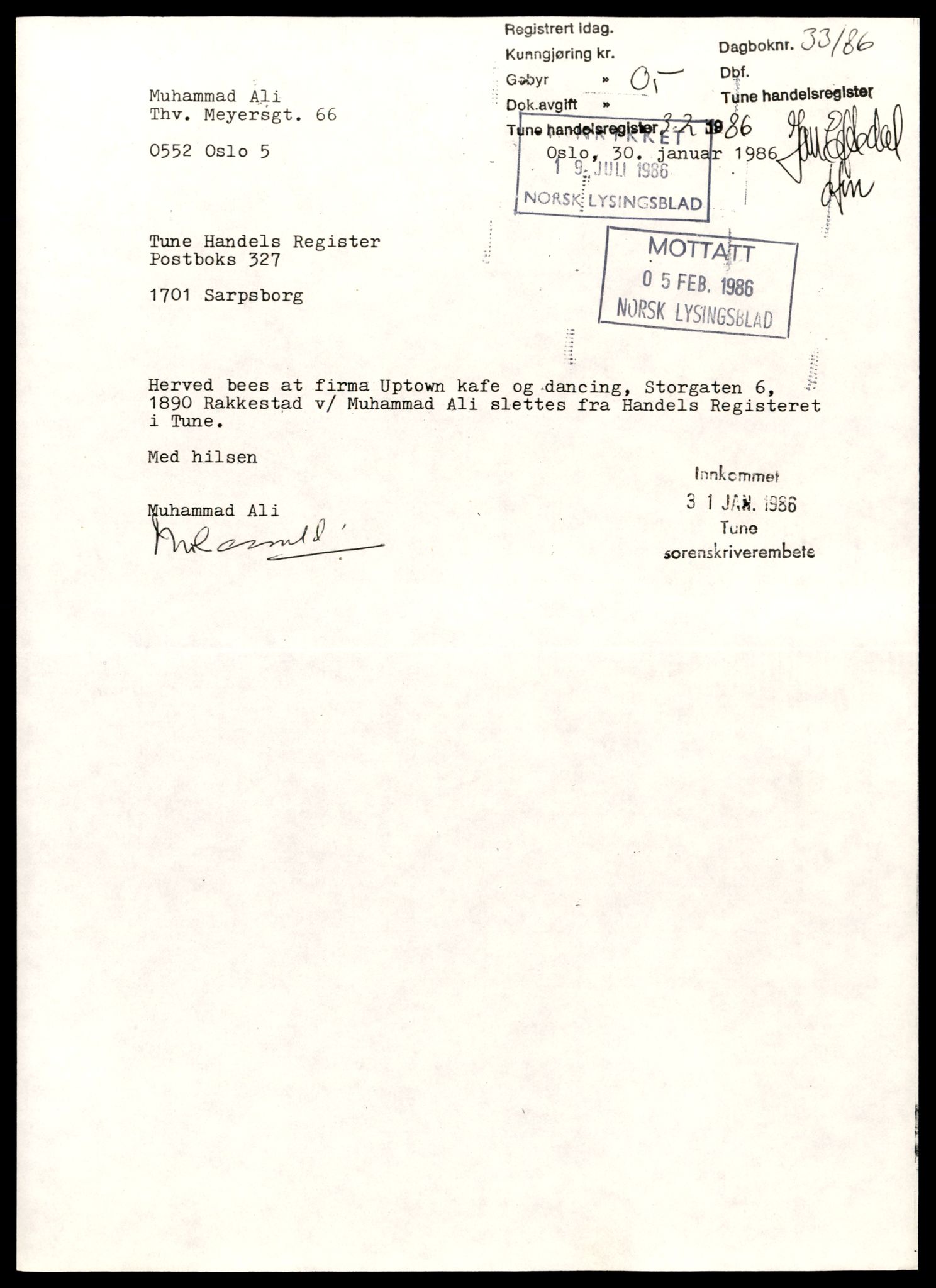 Tune sorenskriveri, AV/SAT-A-10470/K/Ke/Kea/L0026: Enkeltmannsforetak, aksjeselskap og andelslag, U - Å, 1984-1987, p. 1