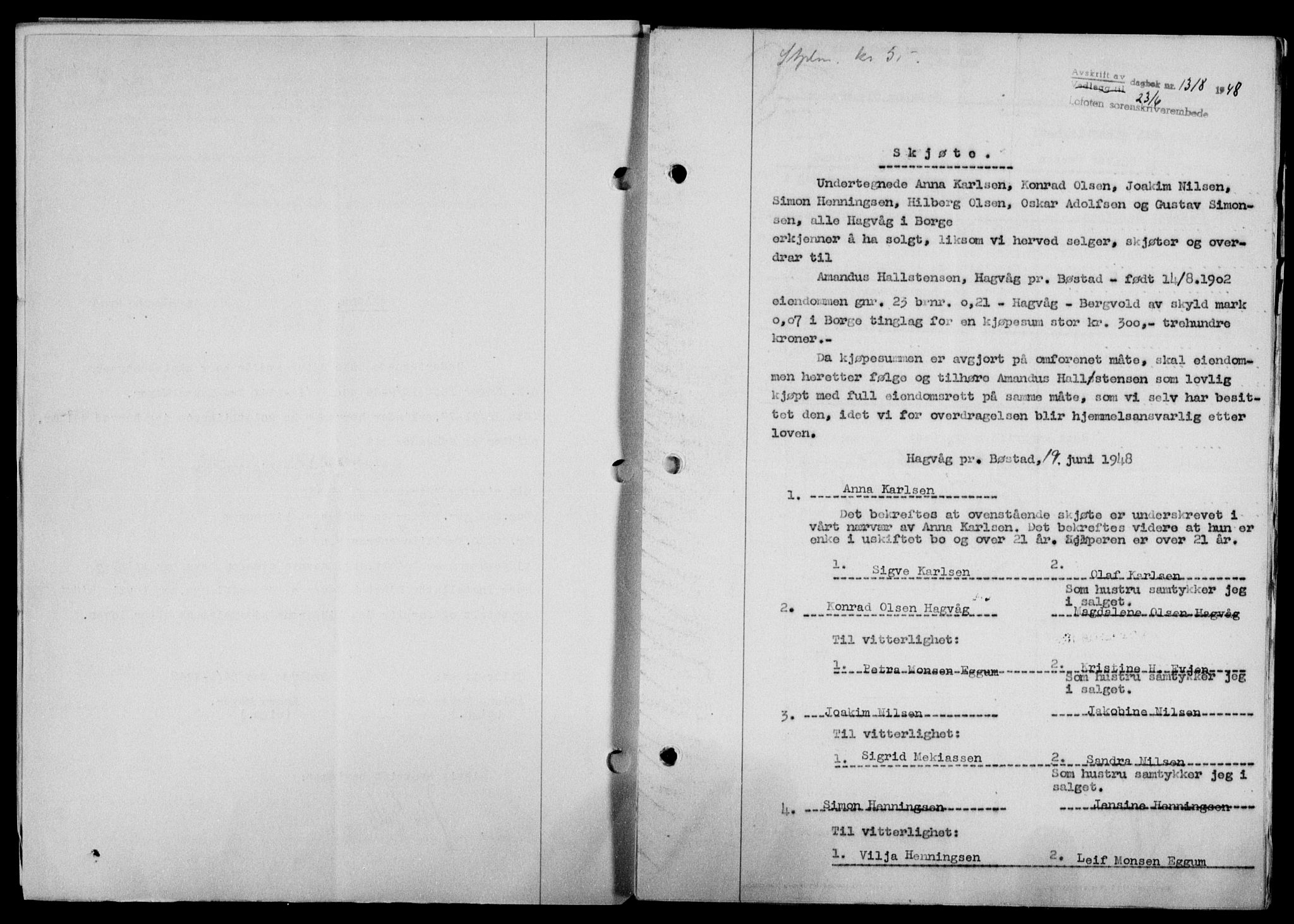Lofoten sorenskriveri, SAT/A-0017/1/2/2C/L0018a: Mortgage book no. 18a, 1948-1948, Diary no: : 1318/1948