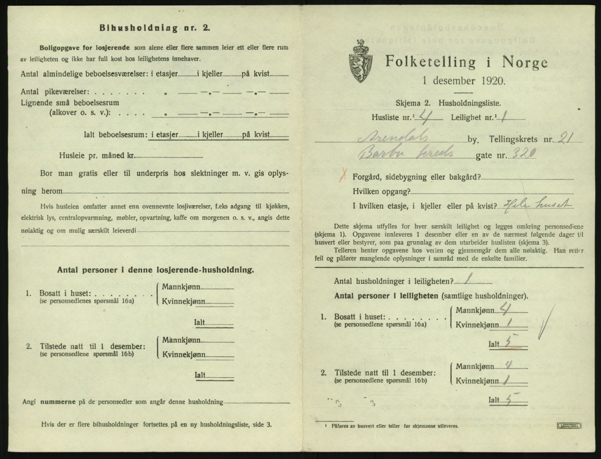 SAK, 1920 census for Arendal, 1920, p. 8486