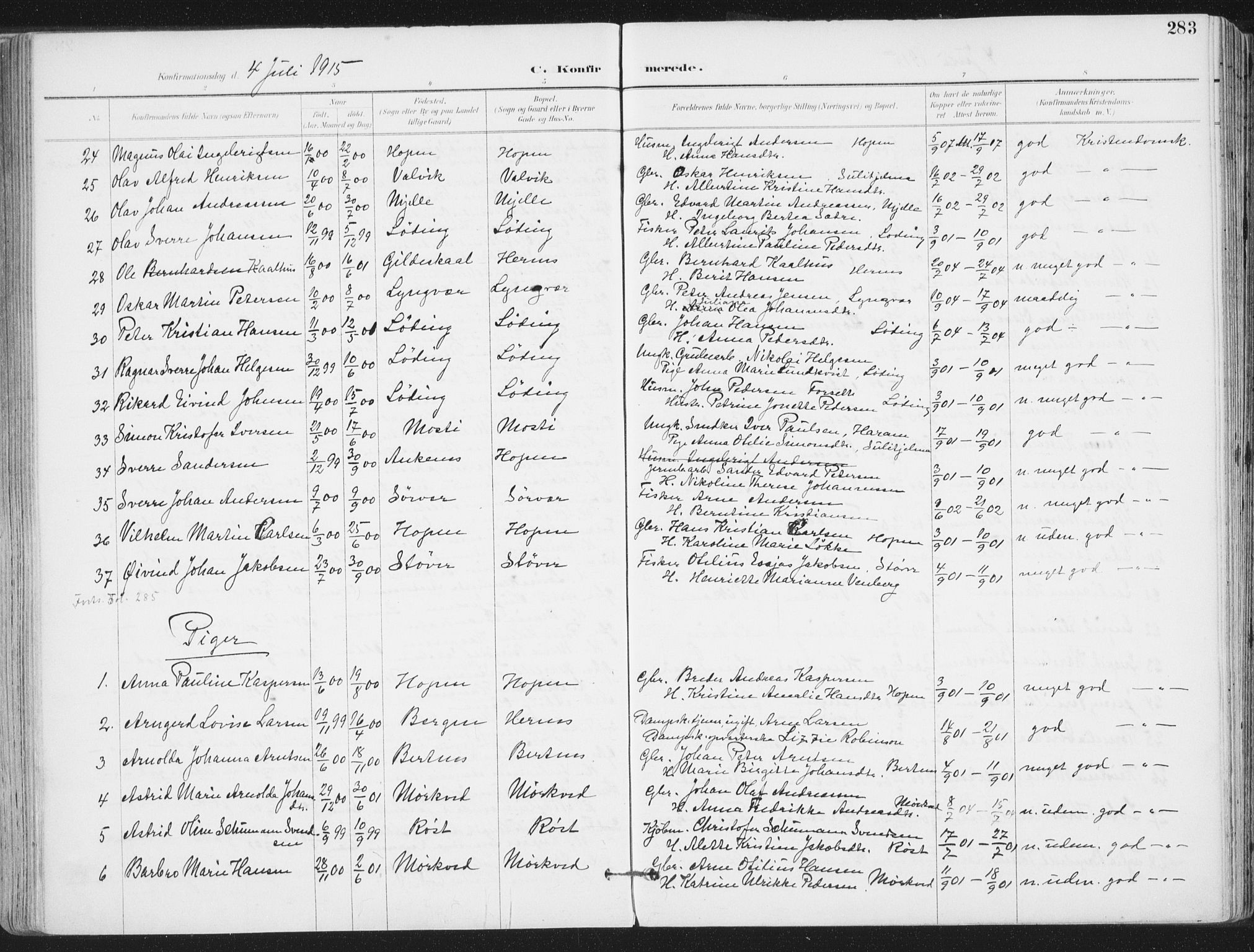 Ministerialprotokoller, klokkerbøker og fødselsregistre - Nordland, AV/SAT-A-1459/802/L0055: Parish register (official) no. 802A02, 1894-1915, p. 283