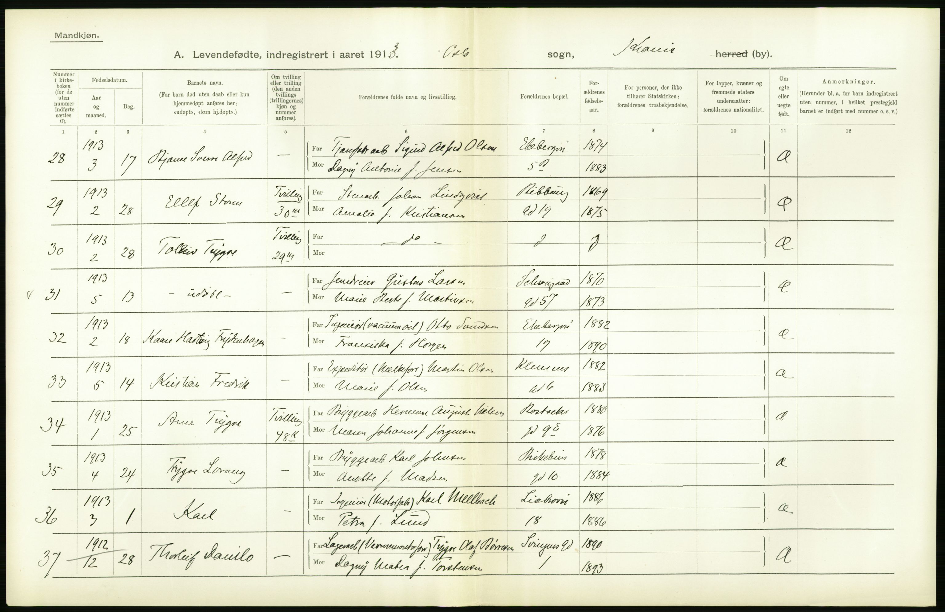 Statistisk sentralbyrå, Sosiodemografiske emner, Befolkning, AV/RA-S-2228/D/Df/Dfb/Dfbc/L0007: Kristiania: Levendefødte menn og kvinner., 1913, p. 806