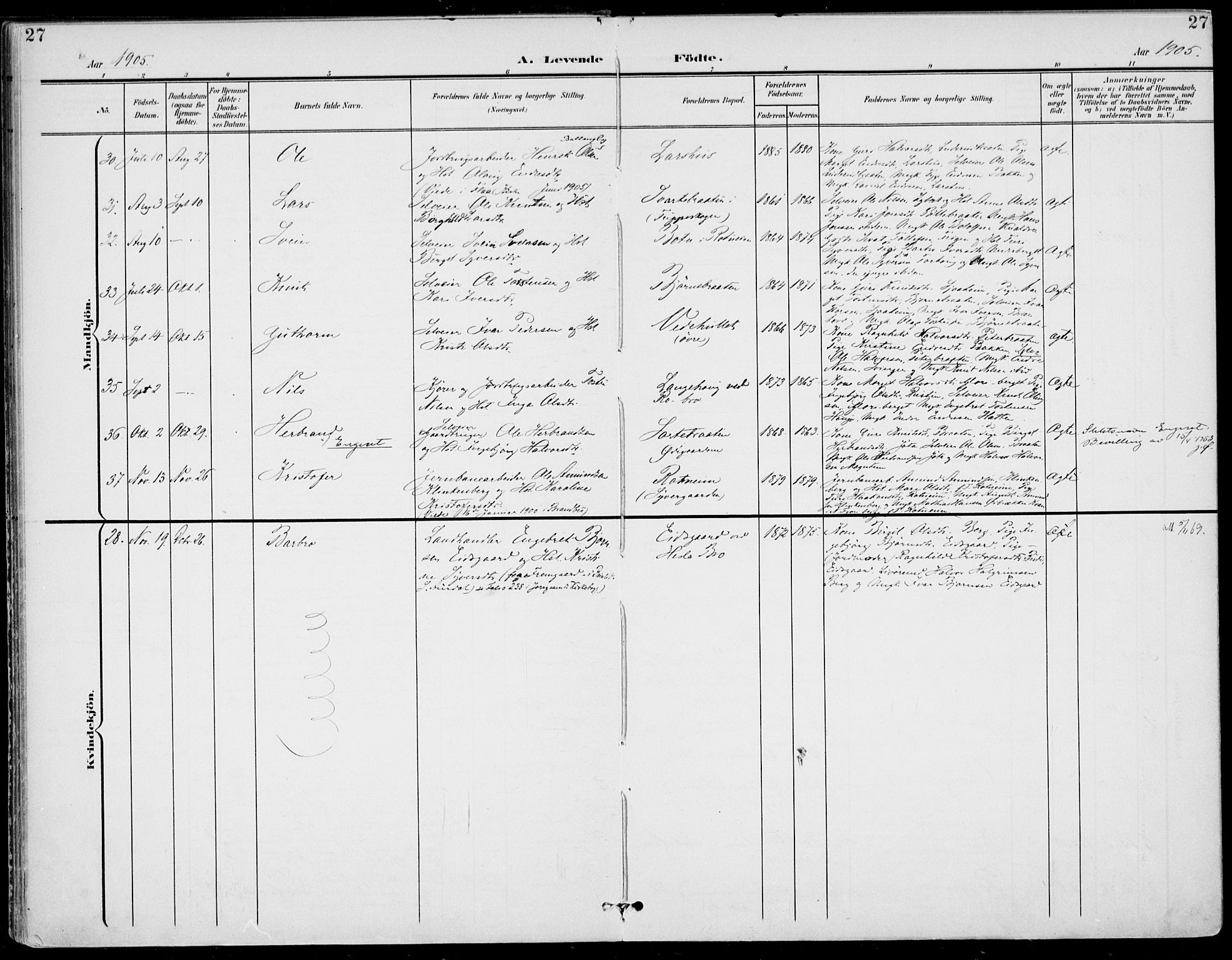 Gol kirkebøker, AV/SAKO-A-226/F/Fa/L0006: Parish register (official) no. I 6, 1901-1918, p. 27