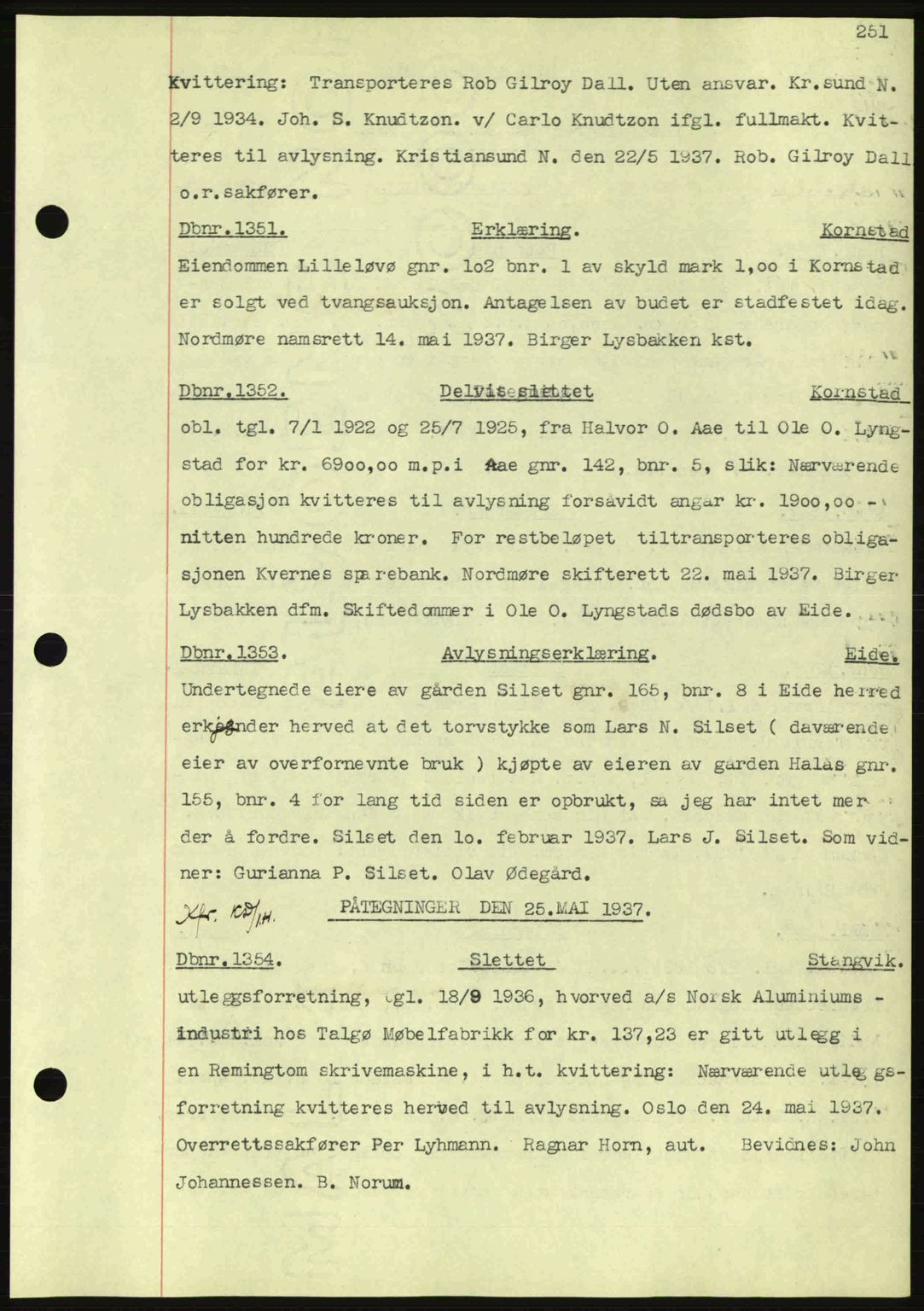 Nordmøre sorenskriveri, AV/SAT-A-4132/1/2/2Ca: Mortgage book no. C80, 1936-1939, Diary no: : 1351/1937