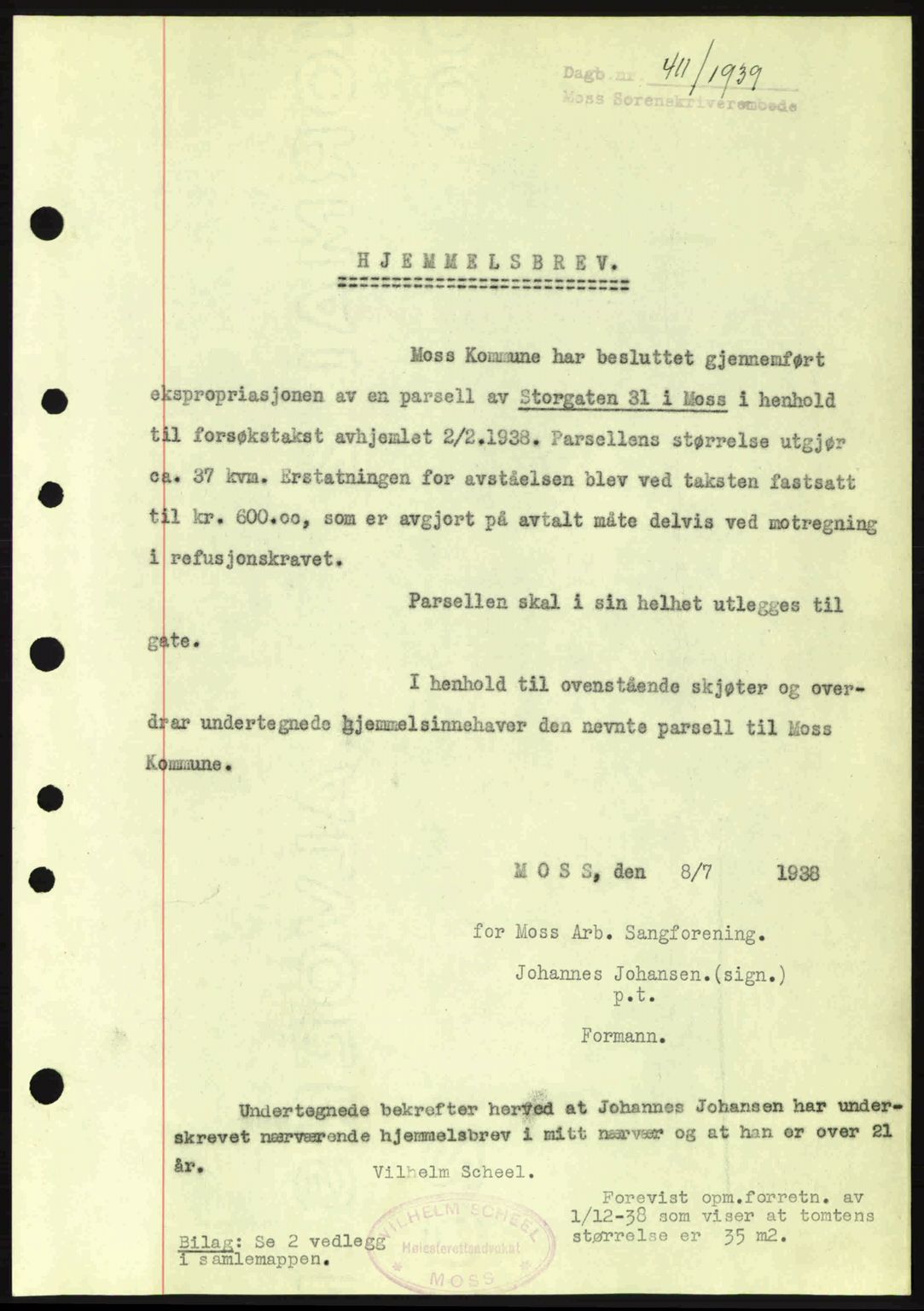 Moss sorenskriveri, SAO/A-10168: Mortgage book no. A5, 1938-1939, Diary no: : 411/1939