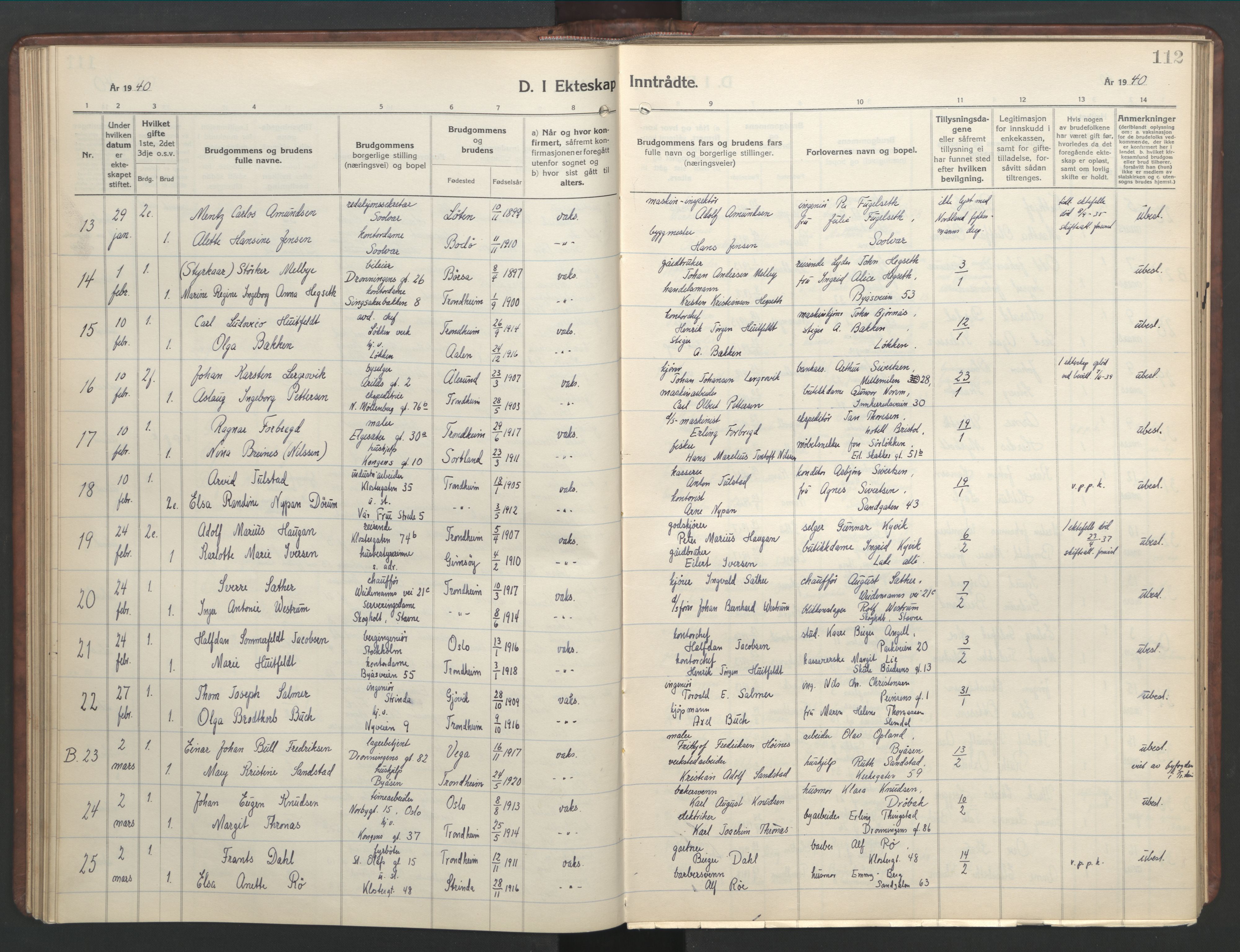 Ministerialprotokoller, klokkerbøker og fødselsregistre - Sør-Trøndelag, SAT/A-1456/601/L0101: Parish register (copy) no. 601C19, 1935-1946, p. 112