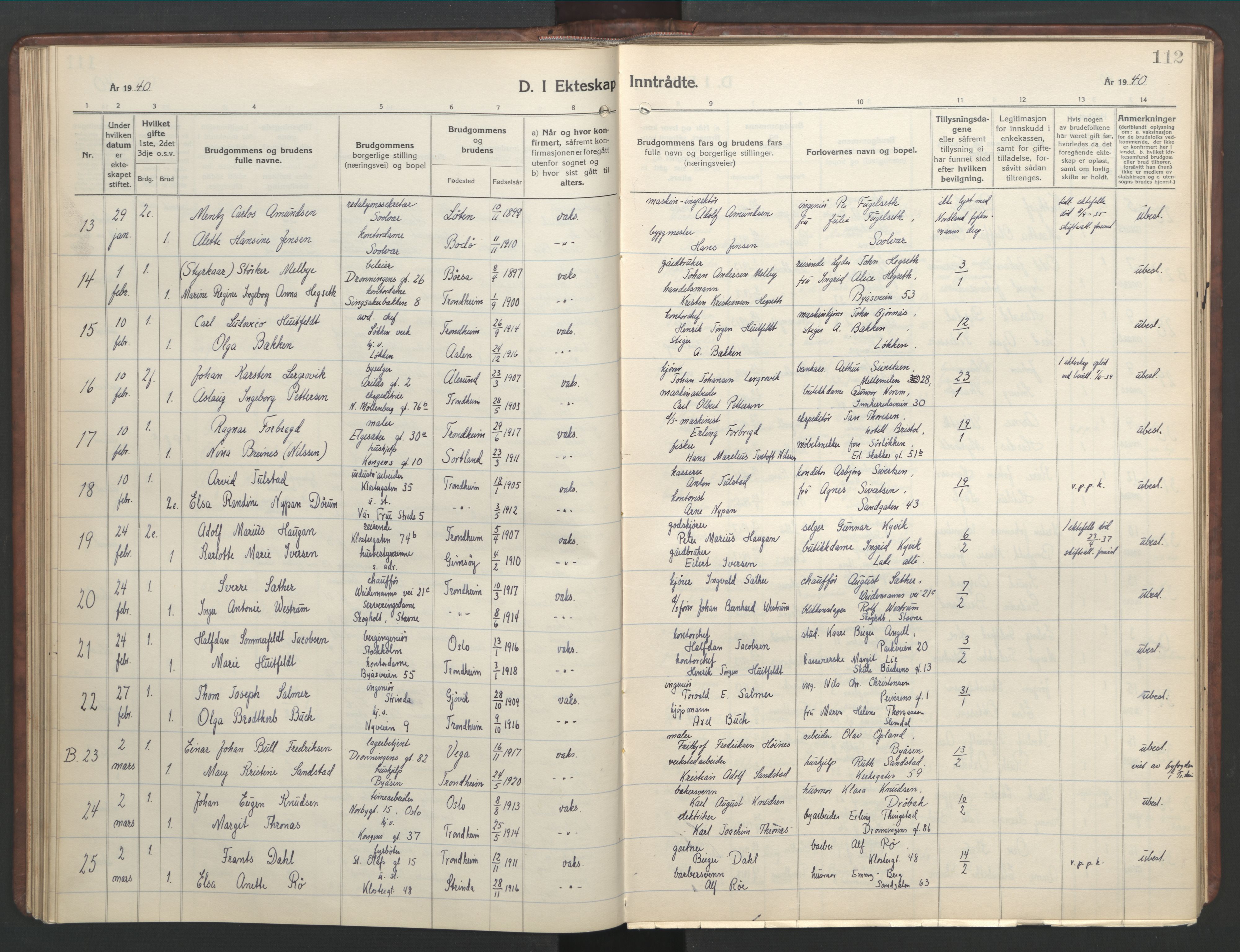 Ministerialprotokoller, klokkerbøker og fødselsregistre - Sør-Trøndelag, AV/SAT-A-1456/601/L0101: Parish register (copy) no. 601C19, 1935-1946, p. 112