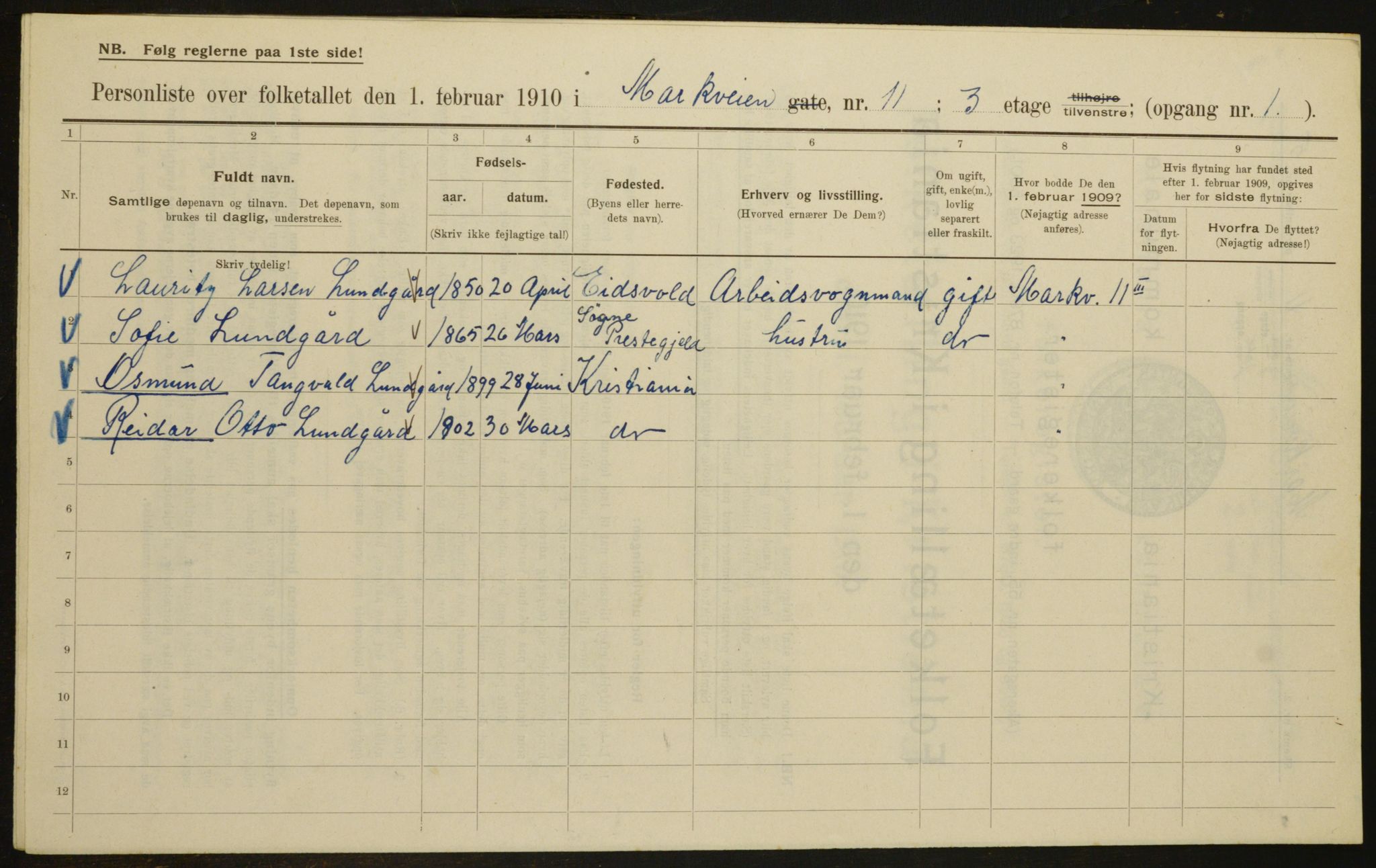 OBA, Municipal Census 1910 for Kristiania, 1910, p. 61174