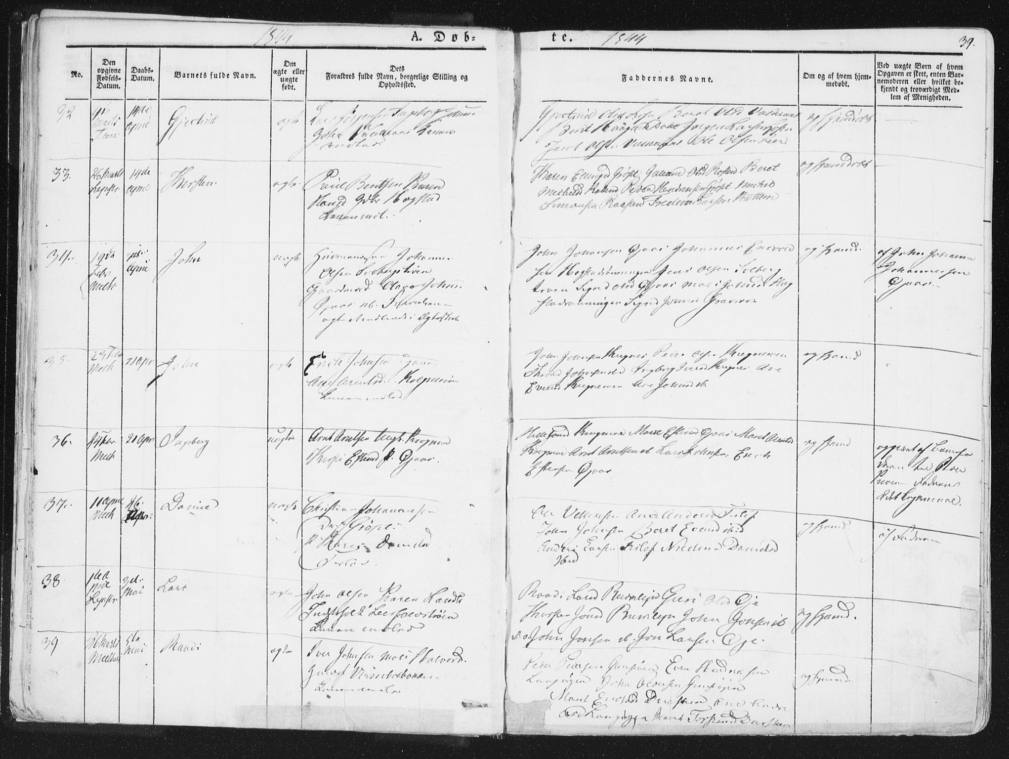 Ministerialprotokoller, klokkerbøker og fødselsregistre - Sør-Trøndelag, AV/SAT-A-1456/691/L1074: Parish register (official) no. 691A06, 1842-1852, p. 39
