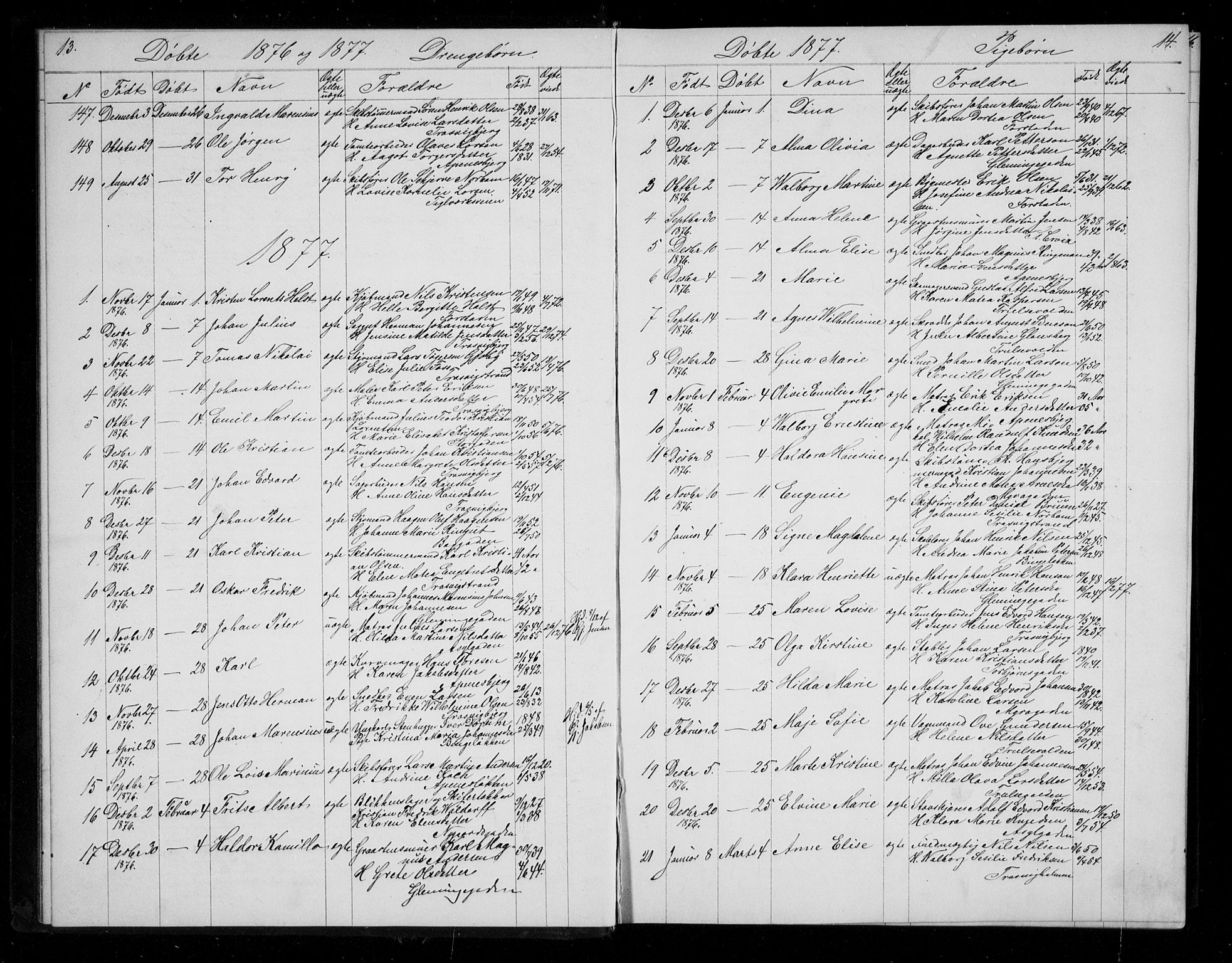 Fredrikstad domkirkes prestekontor Kirkebøker, SAO/A-10906/G/Ga/L0001: Parish register (copy) no. 1, 1876-1922, p. 13-14