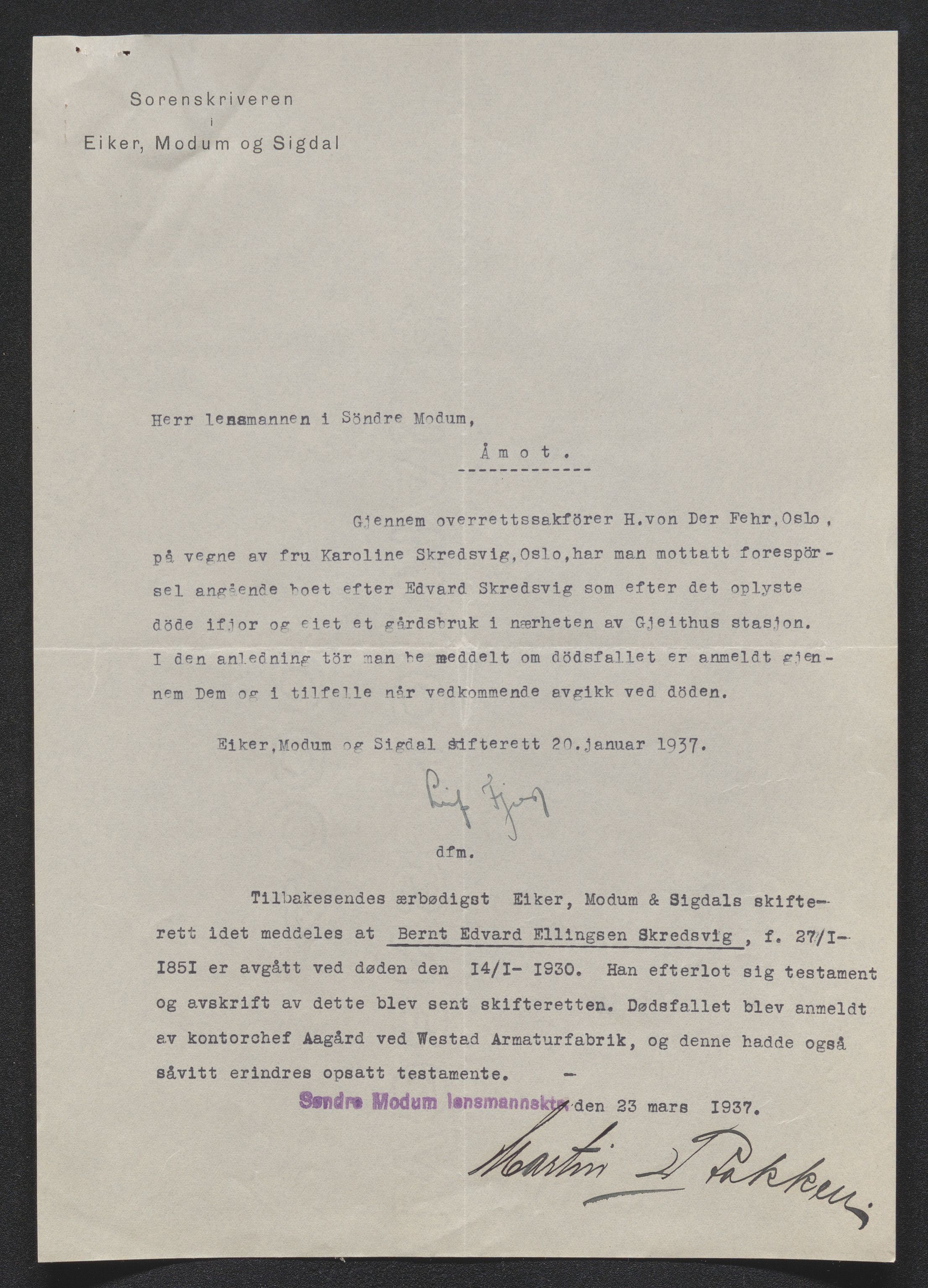 Eiker, Modum og Sigdal sorenskriveri, AV/SAKO-A-123/H/Ha/Hab/L0046: Dødsfallsmeldinger, 1930-1931, p. 40