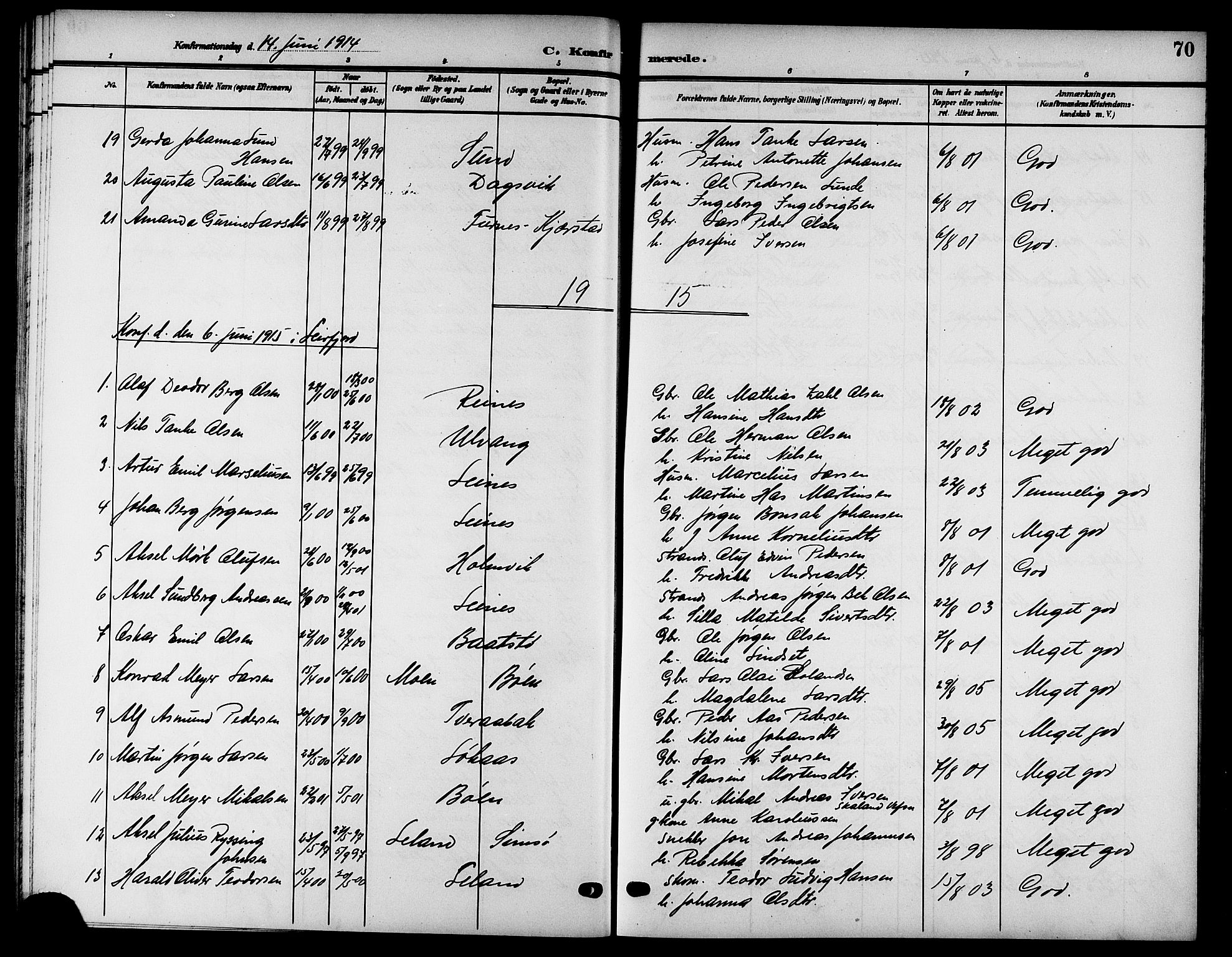 Ministerialprotokoller, klokkerbøker og fødselsregistre - Nordland, SAT/A-1459/832/L0494: Parish register (copy) no. 832C01, 1906-1922, p. 70