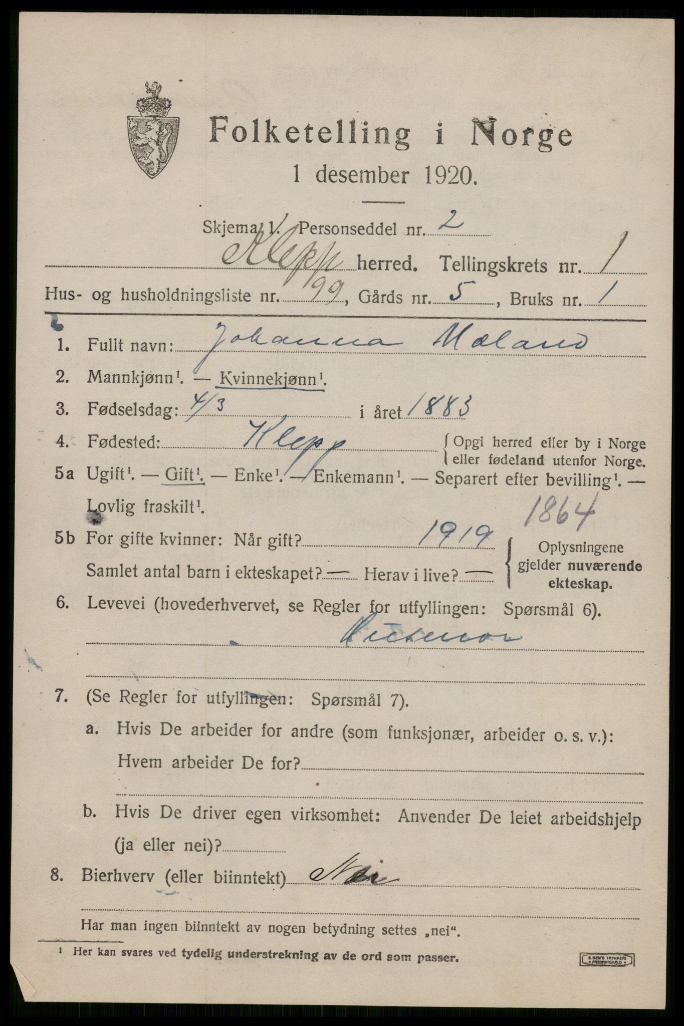 SAST, 1920 census for Klepp, 1920, p. 2574