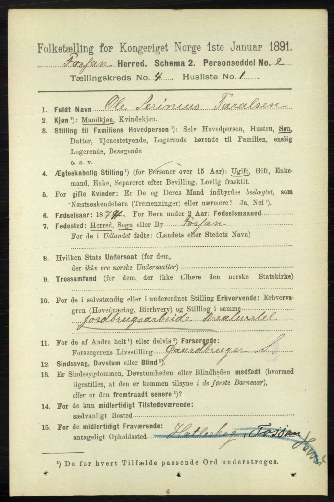 RA, 1891 census for 1129 Forsand, 1891, p. 531