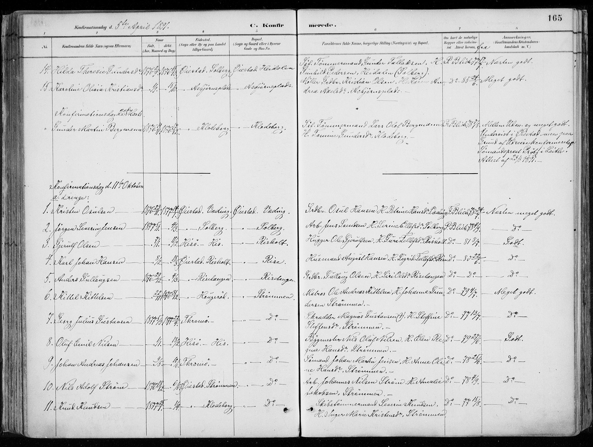 Øyestad sokneprestkontor, AV/SAK-1111-0049/F/Fa/L0017: Parish register (official) no. A 17, 1887-1896, p. 165