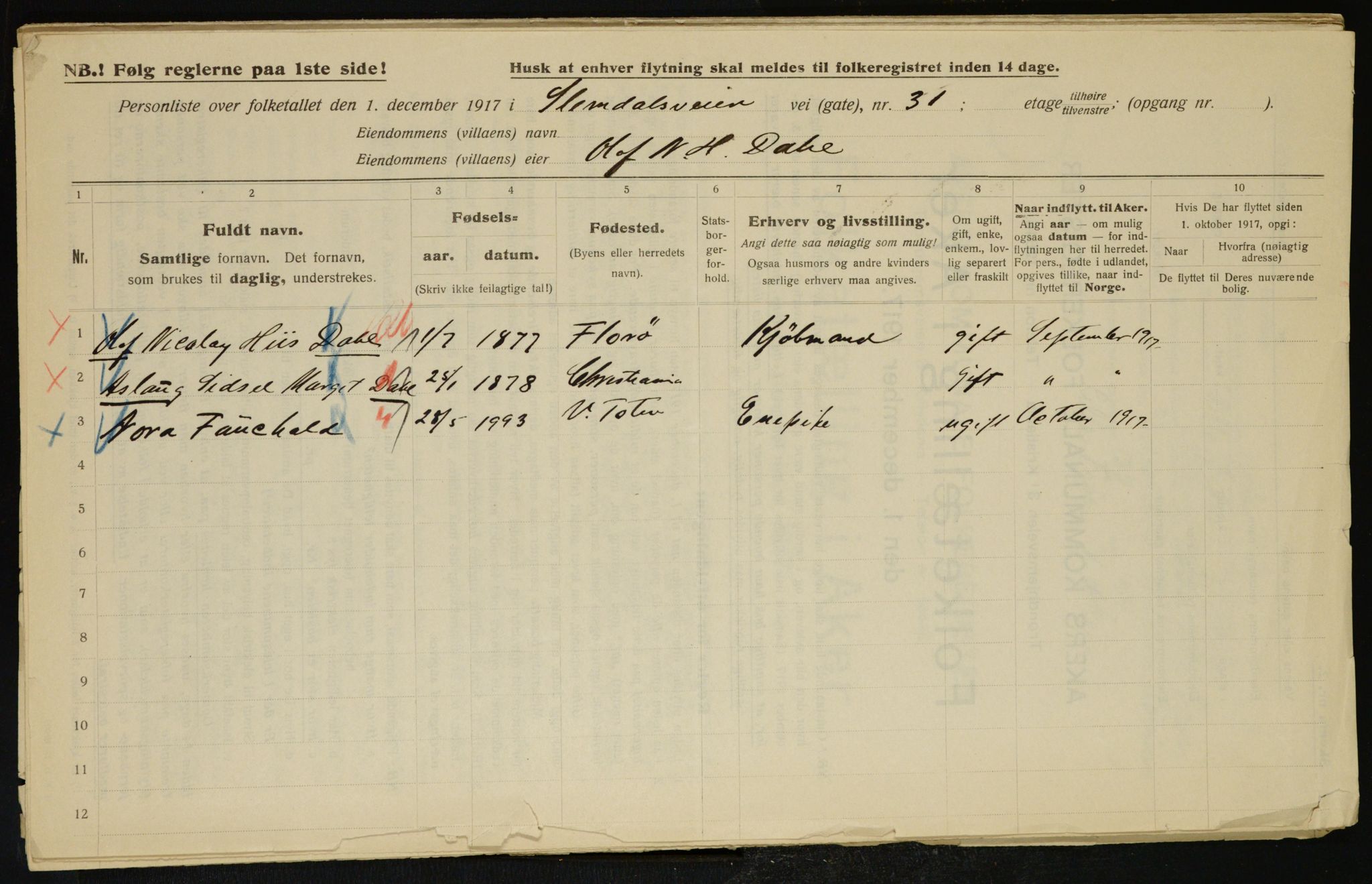 OBA, Municipal Census 1917 for Aker, 1917, p. 9562