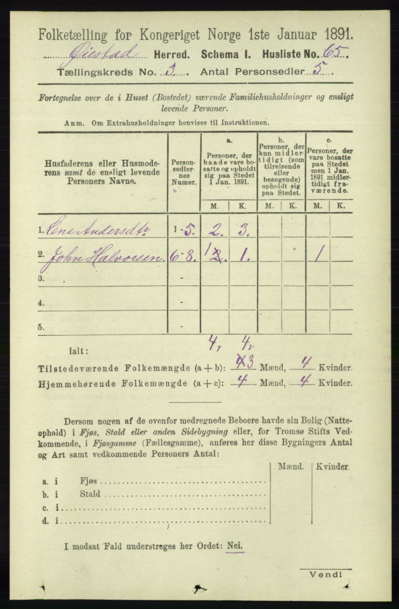 RA, 1891 census for 0920 Øyestad, 1891, p. 903