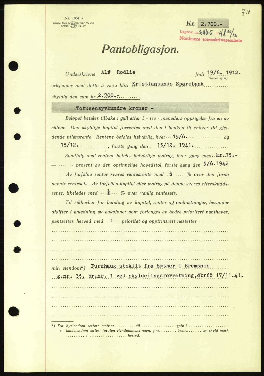 Nordmøre sorenskriveri, AV/SAT-A-4132/1/2/2Ca: Mortgage book no. B88, 1941-1942, Diary no: : 2465/1941