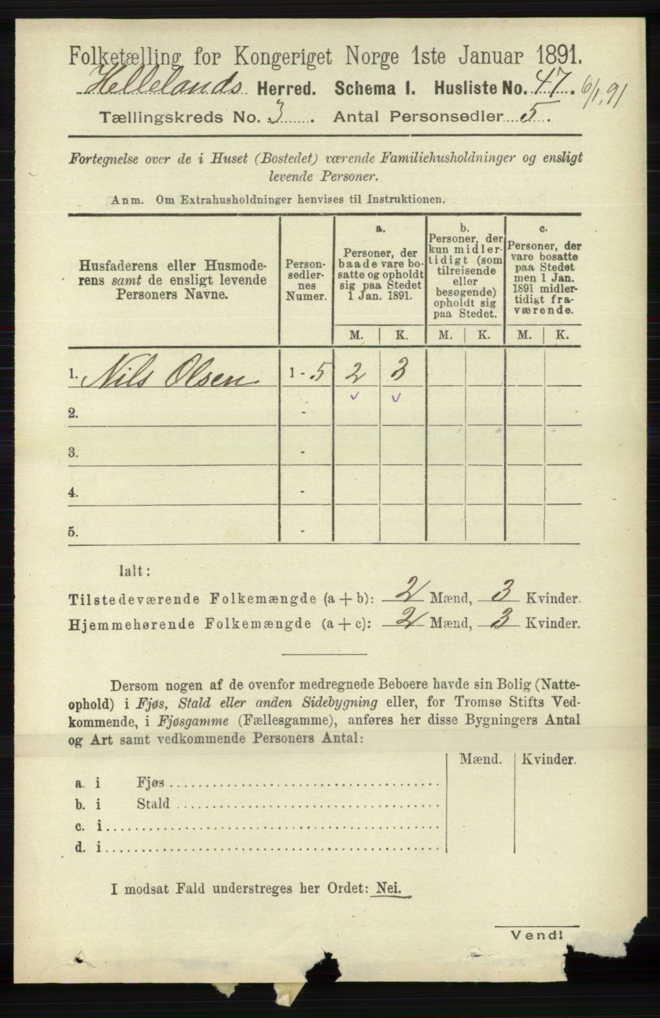 RA, 1891 census for 1115 Helleland, 1891, p. 836